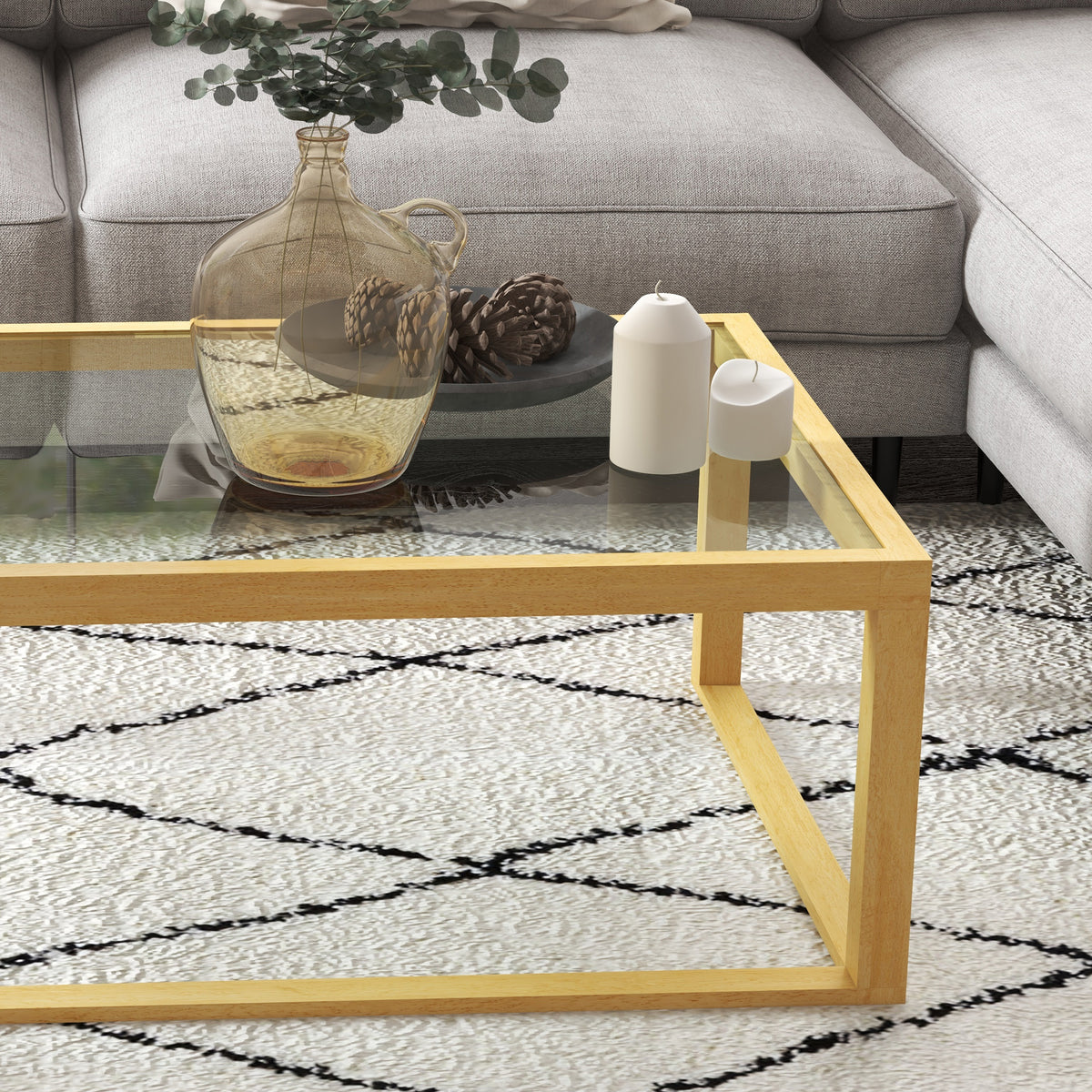 Table basse rectangulaire table de salon avec plateau en verre trempé cadre en bois d'hévéa dim. 100L x 60l x 35H cm-8