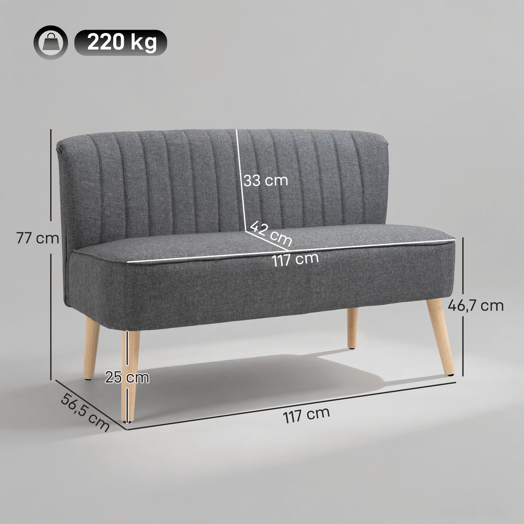 Canapé 2 Places, Canapé de Salon en Tissu Aspect Lin, Assise Rembourrée et Pieds en Bois d'Hévéa, 117x56,5x77cm, Gris-2