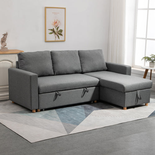 Canapé d'angle convertible canapé lit canapé 3 places modulable avec méridienne réversible, coffre de rangement intégré et 3 coussins de dossier, tissu aspect lin, gris-1