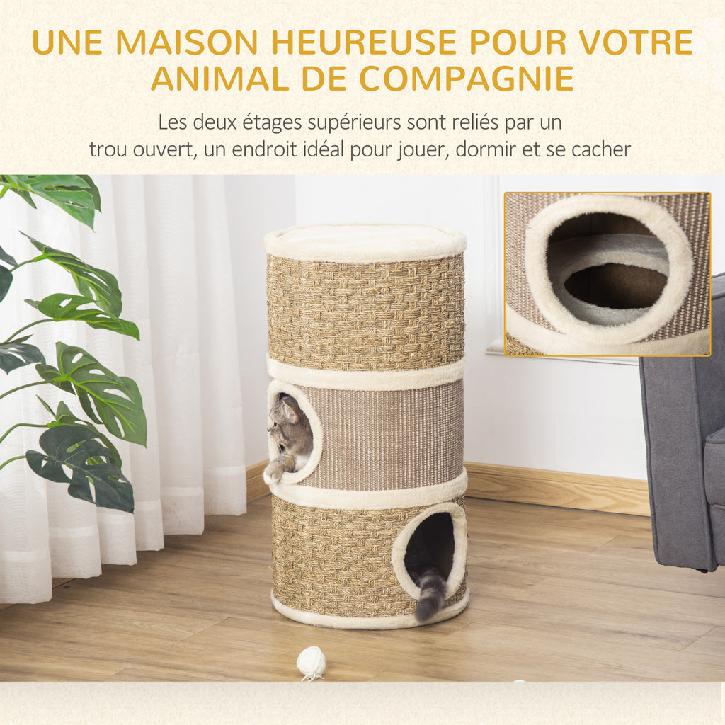 Tonneau à Gratter pour Chat, Arbre à Chat Sisal Naturel et Herbiers Marins Recouvert de Peluche, 37,5 x 37,5 x 70 cm, Kaki et Café-3