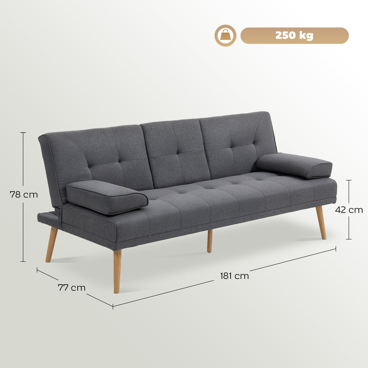 Canapé convertible 3 places, canapé-lit rembourré avec dossier réglable 3 niveaux, 2 coussins et 2 porte-gobelets intégrés, tissu de lin, pour salon, chambre d'amis, petit espace, gris foncé-2