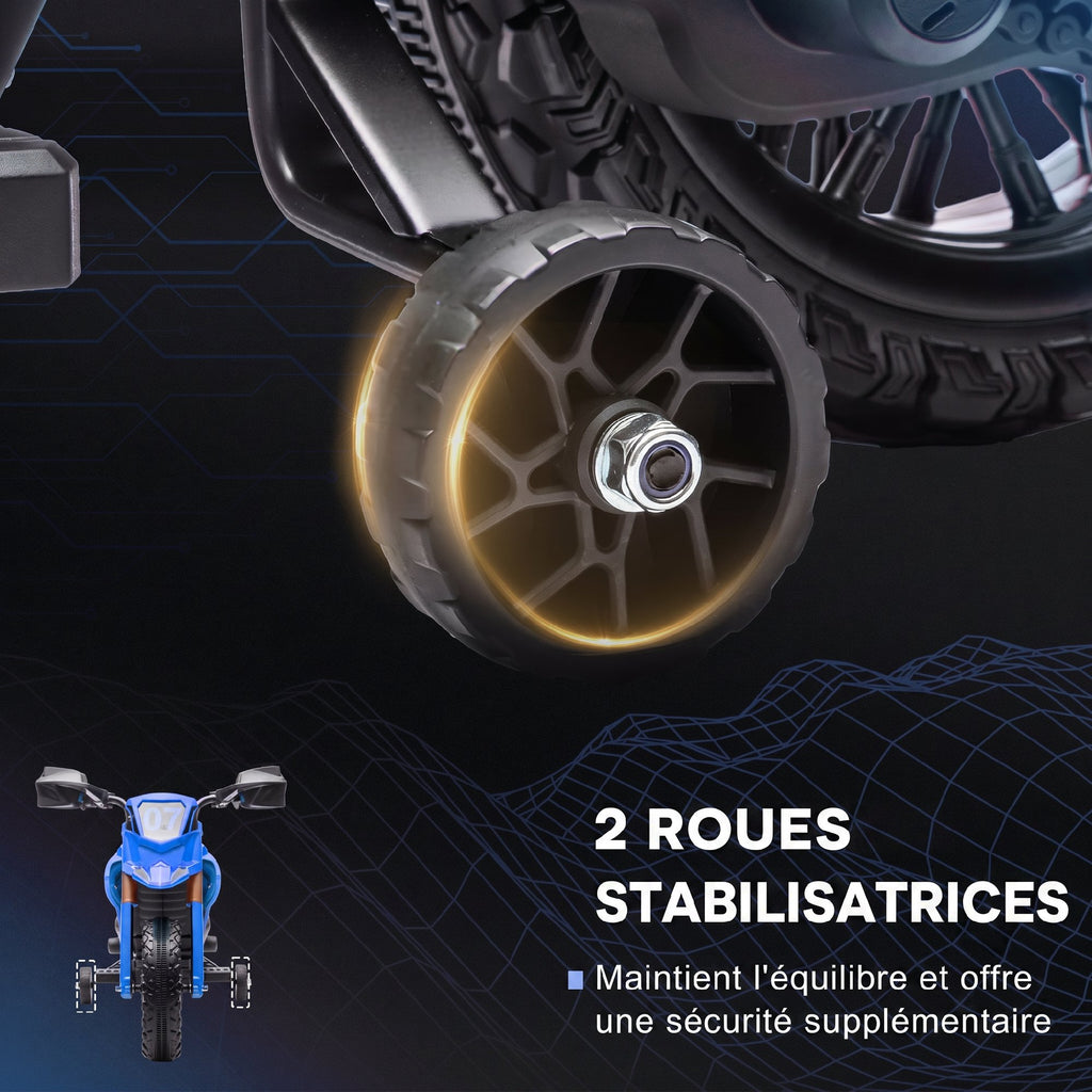 Moto cross électrique pour enfants 3-8 ans, batterie 6 V, 2 moteurs, klaxon et roues d'entraînement, charge 30KG, bleu
