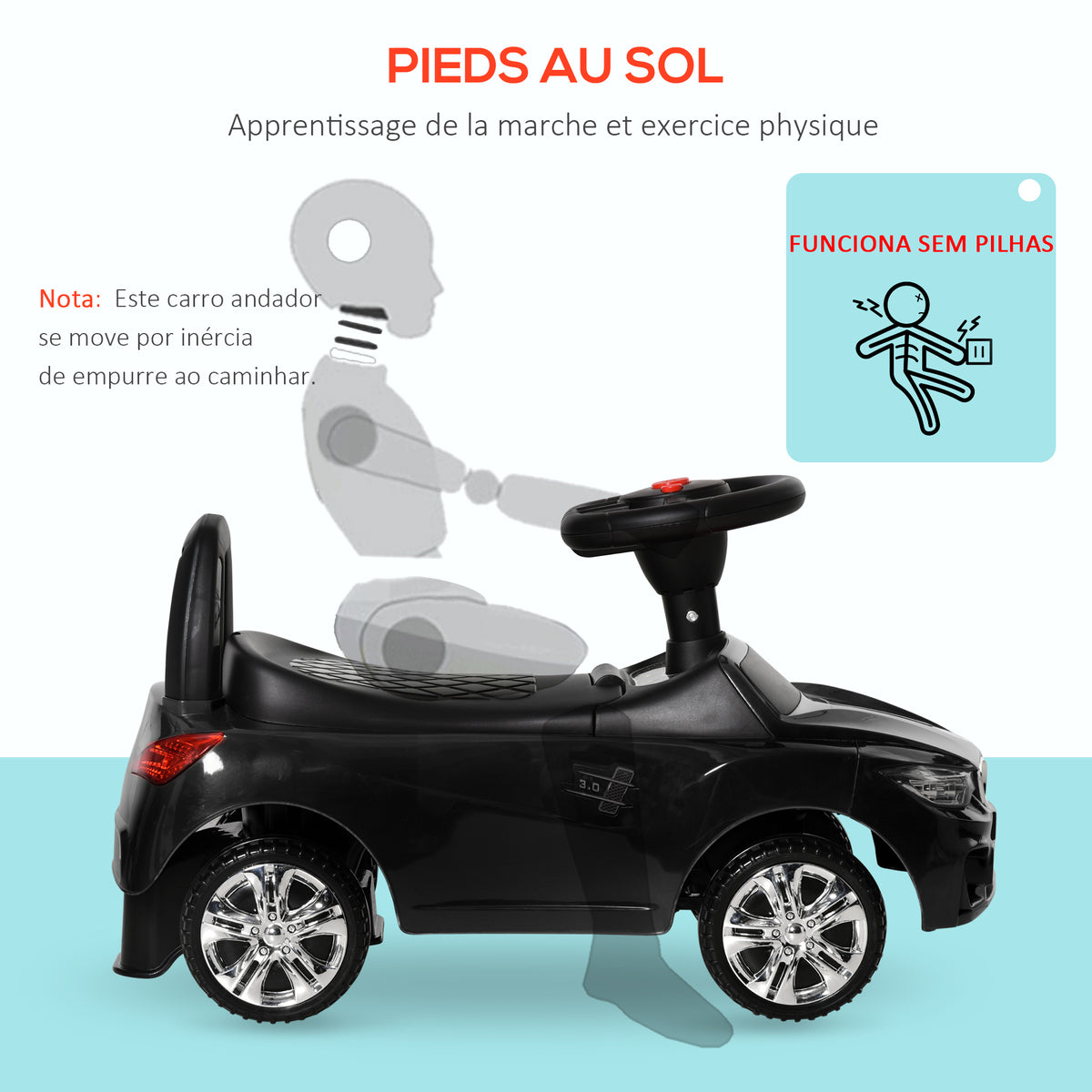 Porteur enfants voiture, véhicule à pousser avec coffre à jouets, klaxon, phares et musique, 63,5 x 28 x 36 cm, noir-5