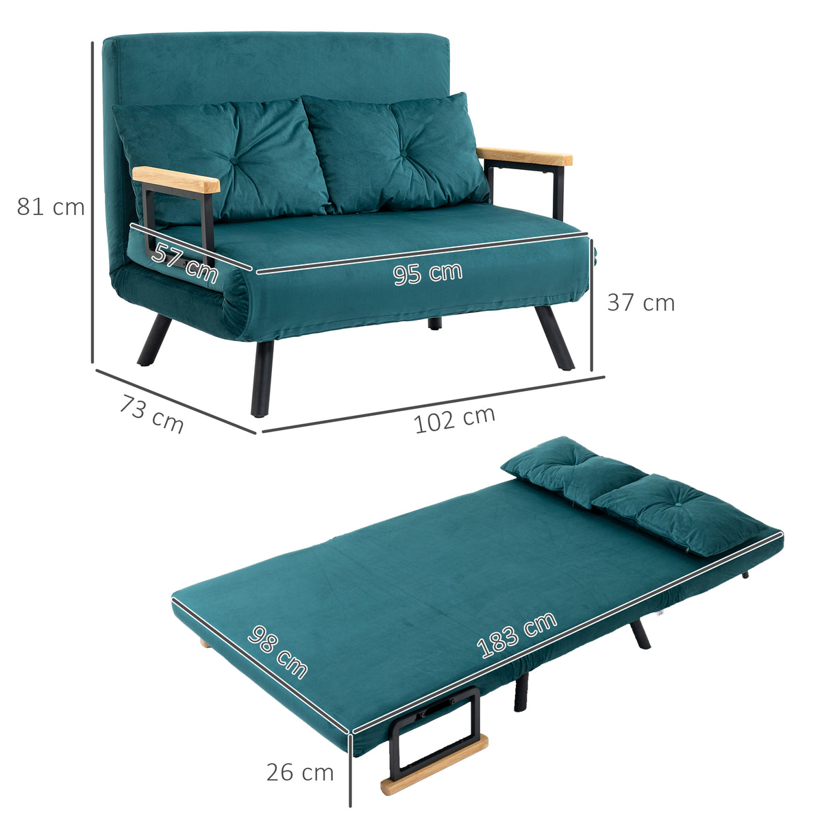 Canapé convertible 2 places avec dossier réglable à 5 niveaux et 2 coussins rembourrés, revêtement velours, vert canard-2