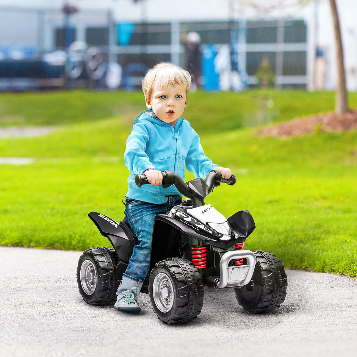 Quad électrique enfant 6 V, vitesse de 2,8 km/h, phares LED, klaxon, poignée et selle ergonomique, noir