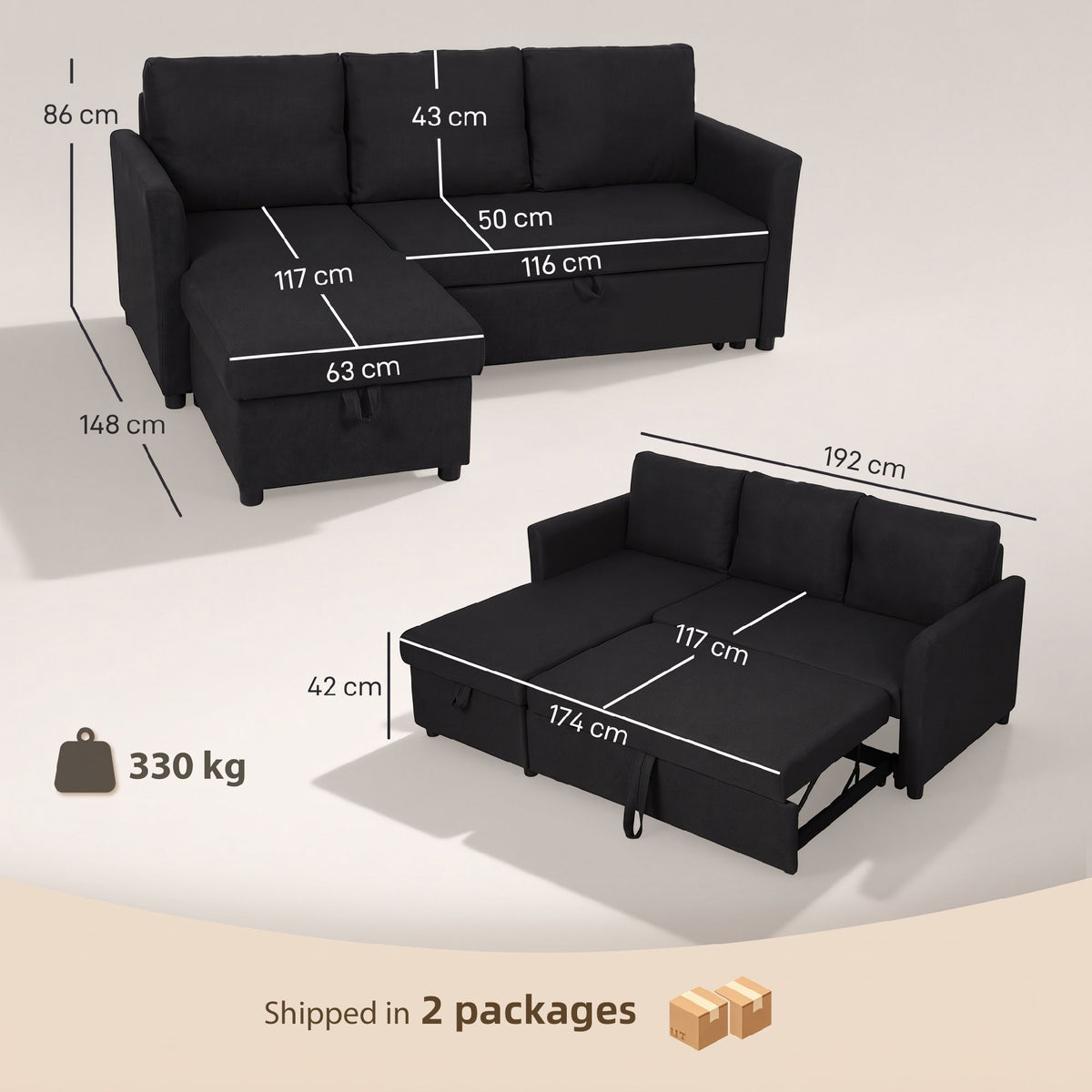 Modern 3 személyes ágyazható sarokkanapé ágyneműtartóval – Antracitszürke lenvászon hatású megfordítható kanapéágy (max. 330 kg)