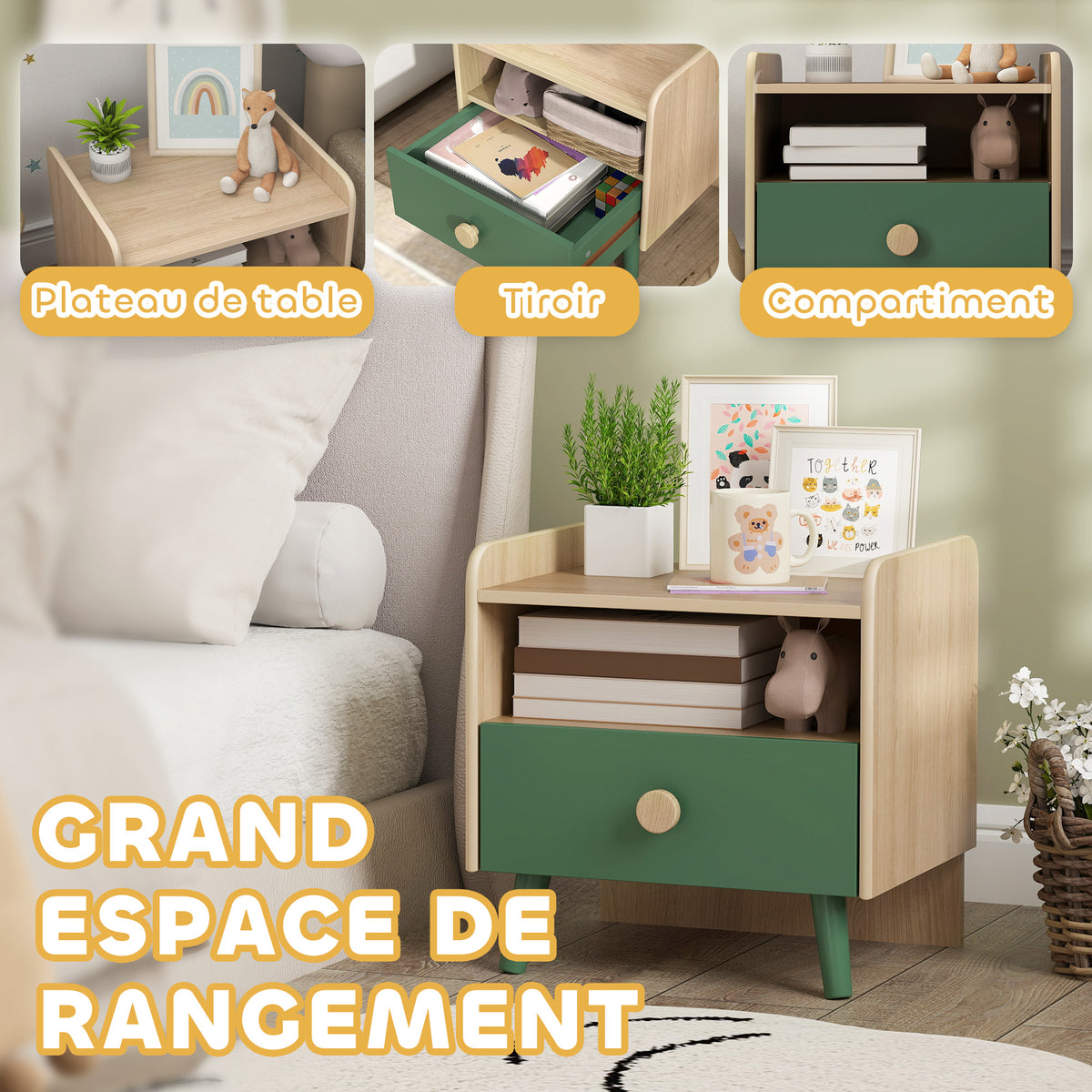 Lot de 2 tables de chevet enfant, tables de nuit enfant avec tiroir et niche, pour chambre d'enfant, 40x32,5x40cm, vert-3
