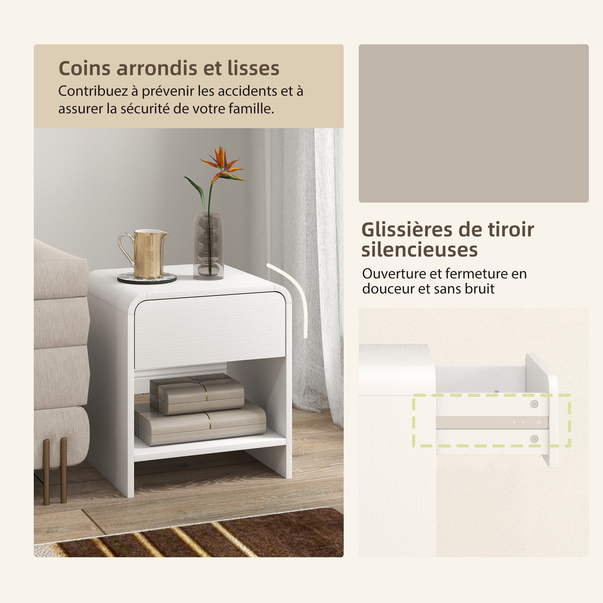 Lot de 2 tables de chevet, table d'appoint moderne avec compartiment ouvert et tiroir, 40 x 35 x 45 cm, blanc-5