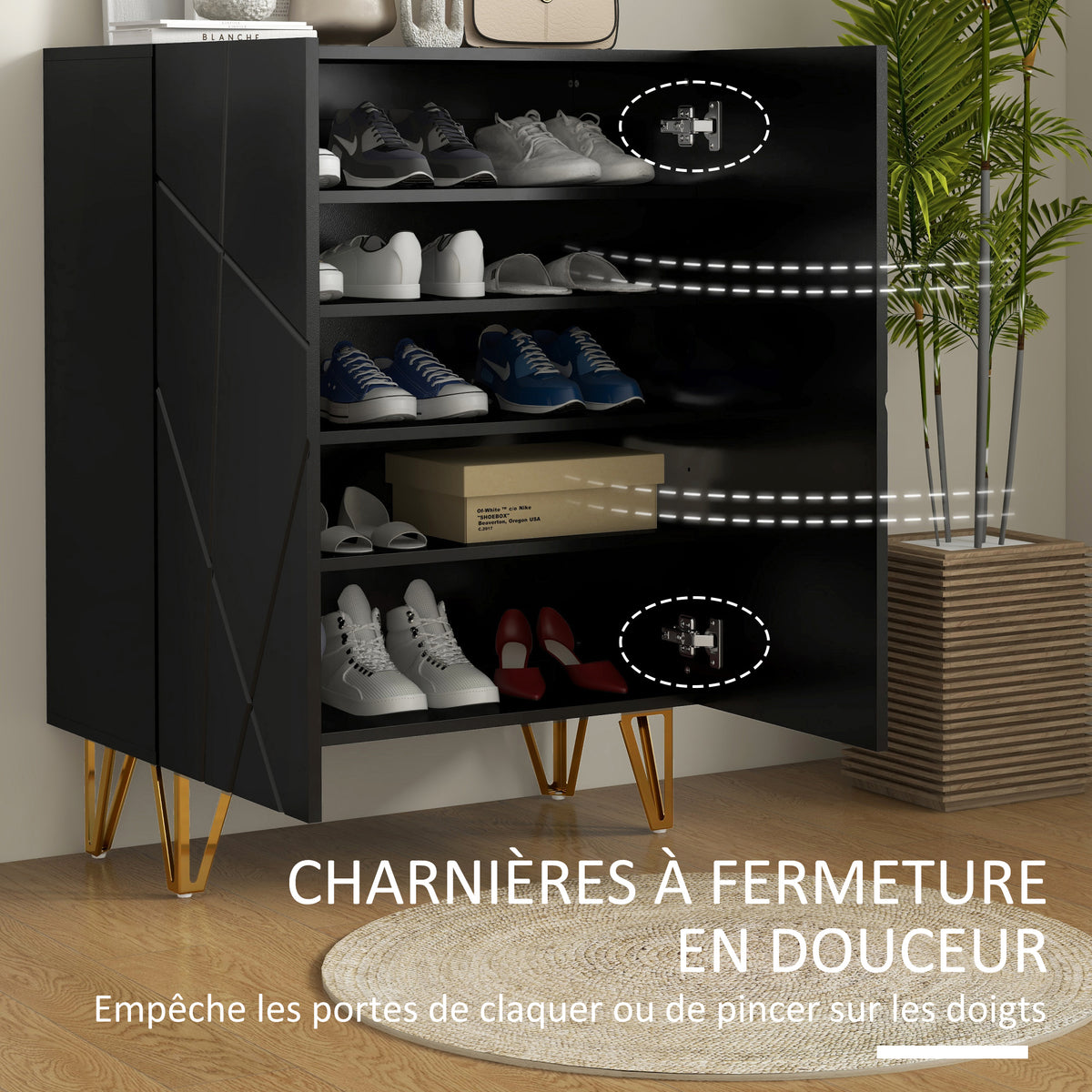 Meuble à chaussures meuble de rangement à chaussures 2 portes étagères réglables 72 x 31,5 x 95 cm noir laqué-4