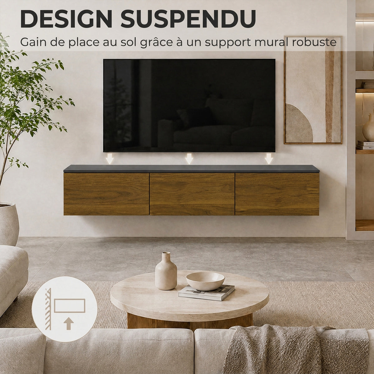 Meuble TV Suspendu ou sur Pied 160 cm pour Téléviseur 65 Pouces, Porte à fermeture, Passe-câbles, Noyer-4
