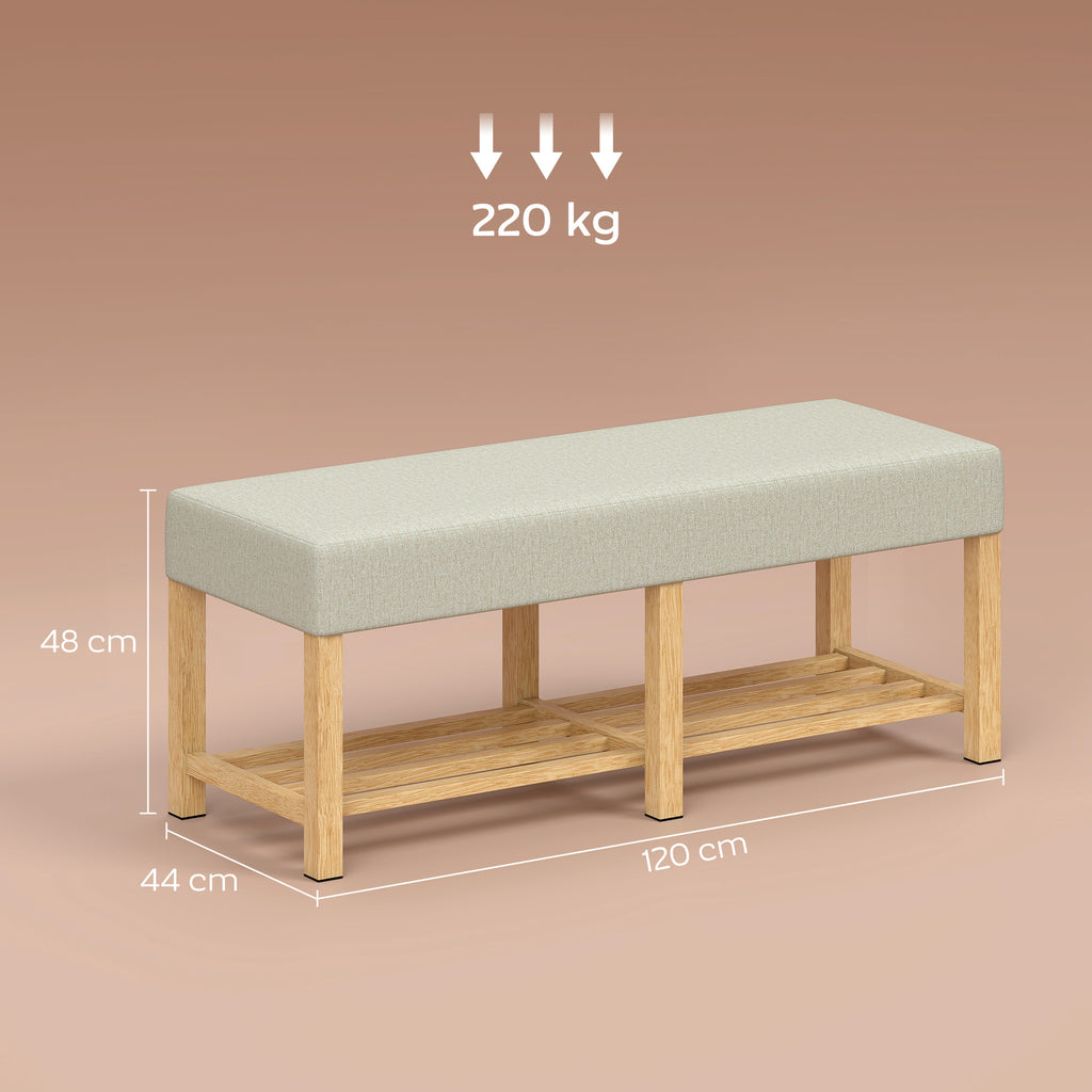 Banc à chaussures, banc de rangement avec siège rembourré, étagère ouverte, bois d'hévéa, 120x44x48cm, bois naturel-2