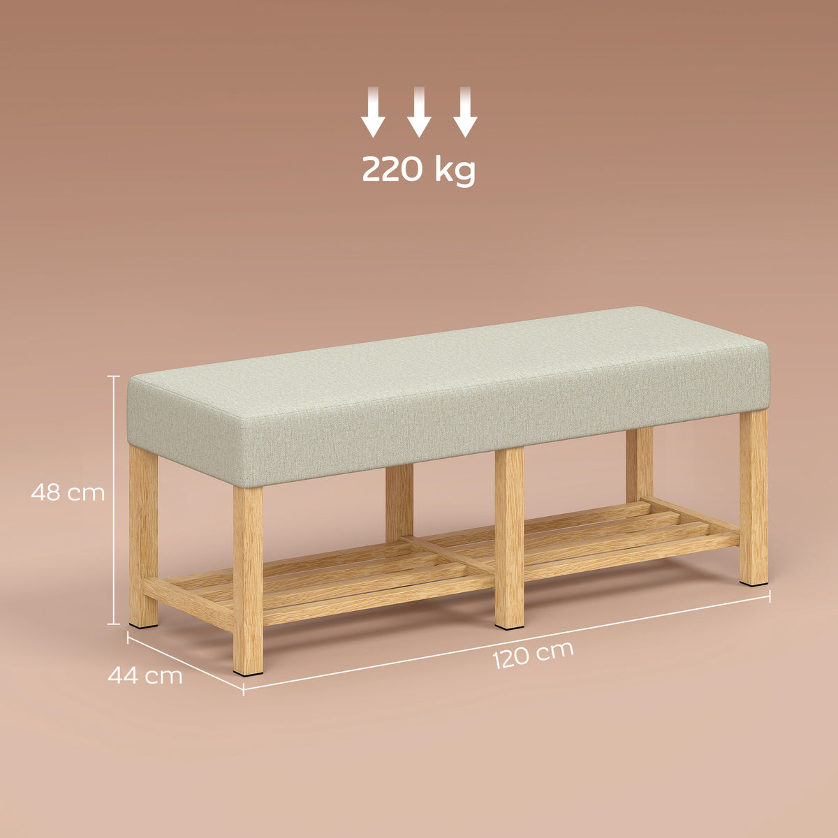 Banc à chaussures, banc de rangement avec siège rembourré, étagère ouverte, bois d'hévéa, 120x44x48cm, bois naturel-2