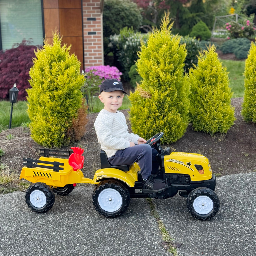 Porteur tracteur enfants avec remorque, râteau et pelle, tracteur à pédales 6 roues, charge 35 kg, pour 3+ ans, jaune