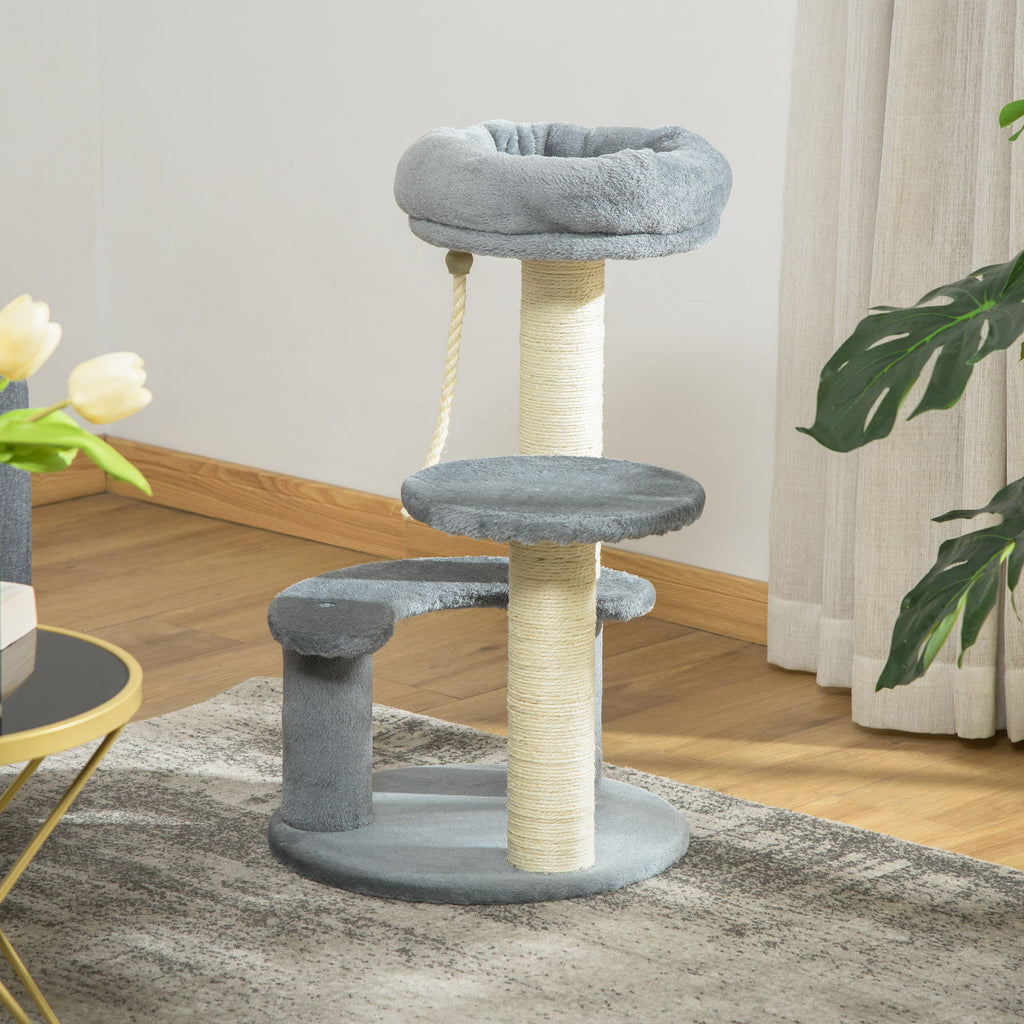 Arbre à chats 2 griffoirs grattoirs sisal naturel 3 plateformes corde à grimper dim. Ø 40 x 65H cm peluche haute densité 500 g/m² gris-9
