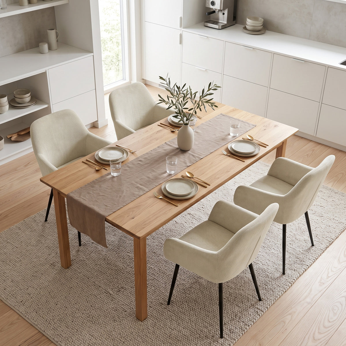 Lot de 2 chaises de salle à manger, chaises de cuisine rembourrées en velours côtelé avec accoudoirs et dossier, crème-6