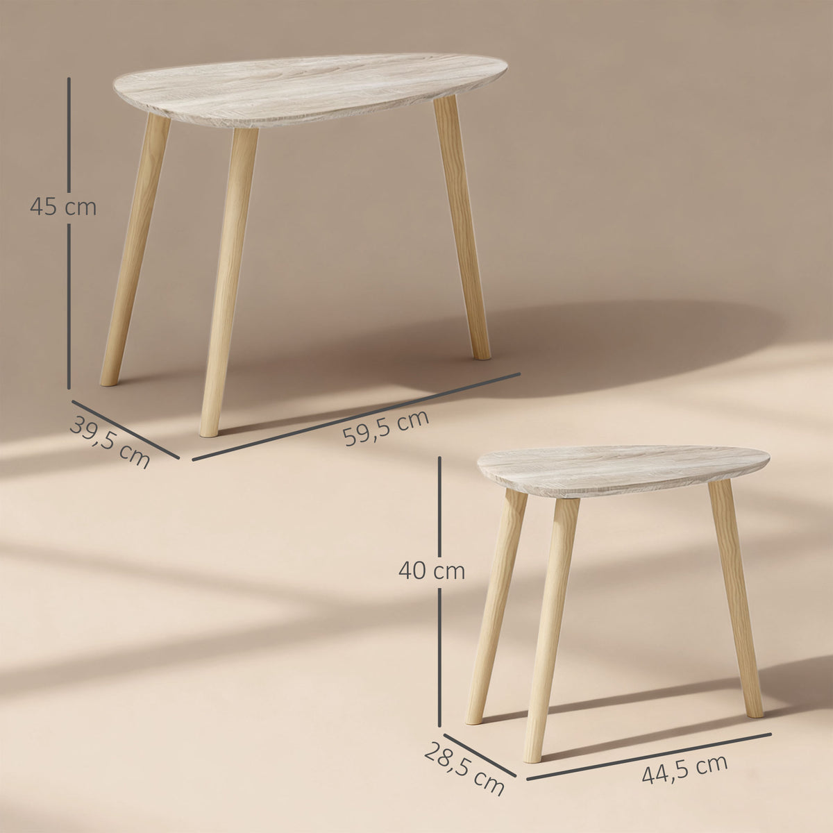 Lot de 2 tables basses gigognes design scandinave pieds en bois et plateau en bois, aspect naturel-2