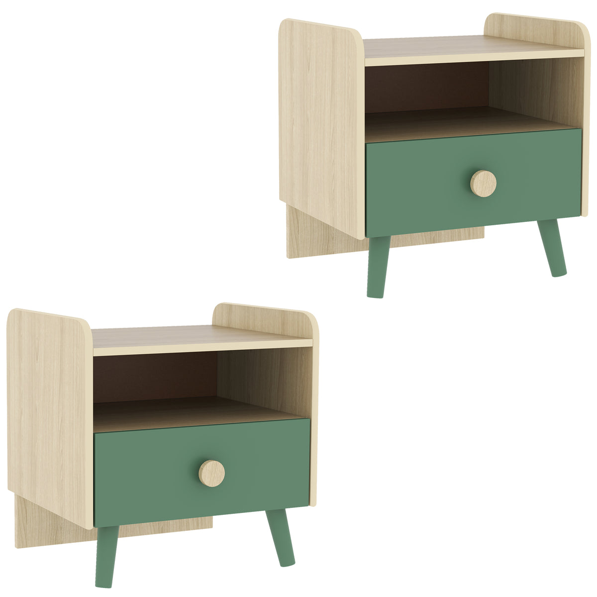 Lot de 2 tables de chevet enfant, tables de nuit enfant avec tiroir et niche, pour chambre d'enfant, 40x32,5x40cm, vert-0