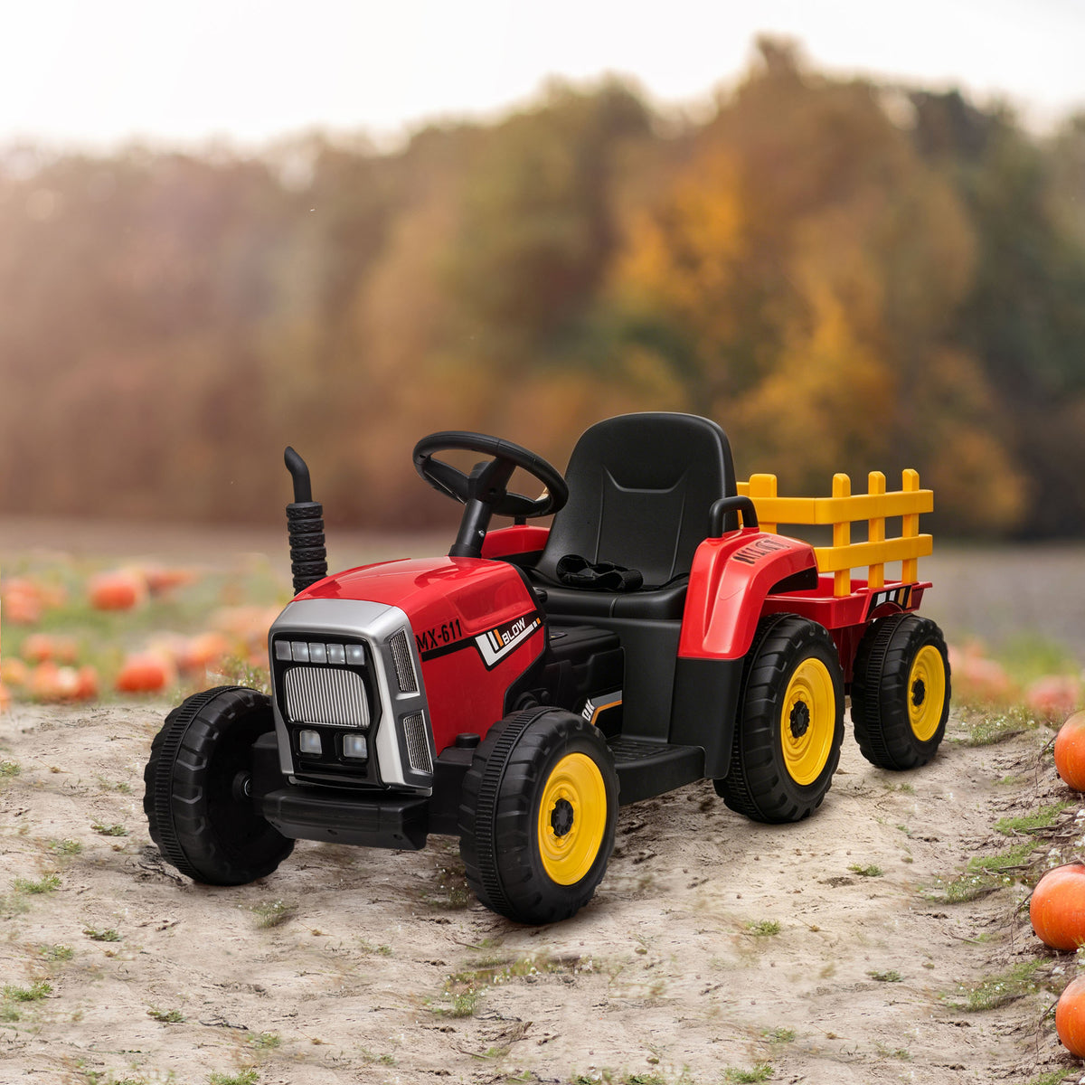 Gyermek traktor Piros 12 V-os elektromos – levehető utánfutóval és távirányítóval