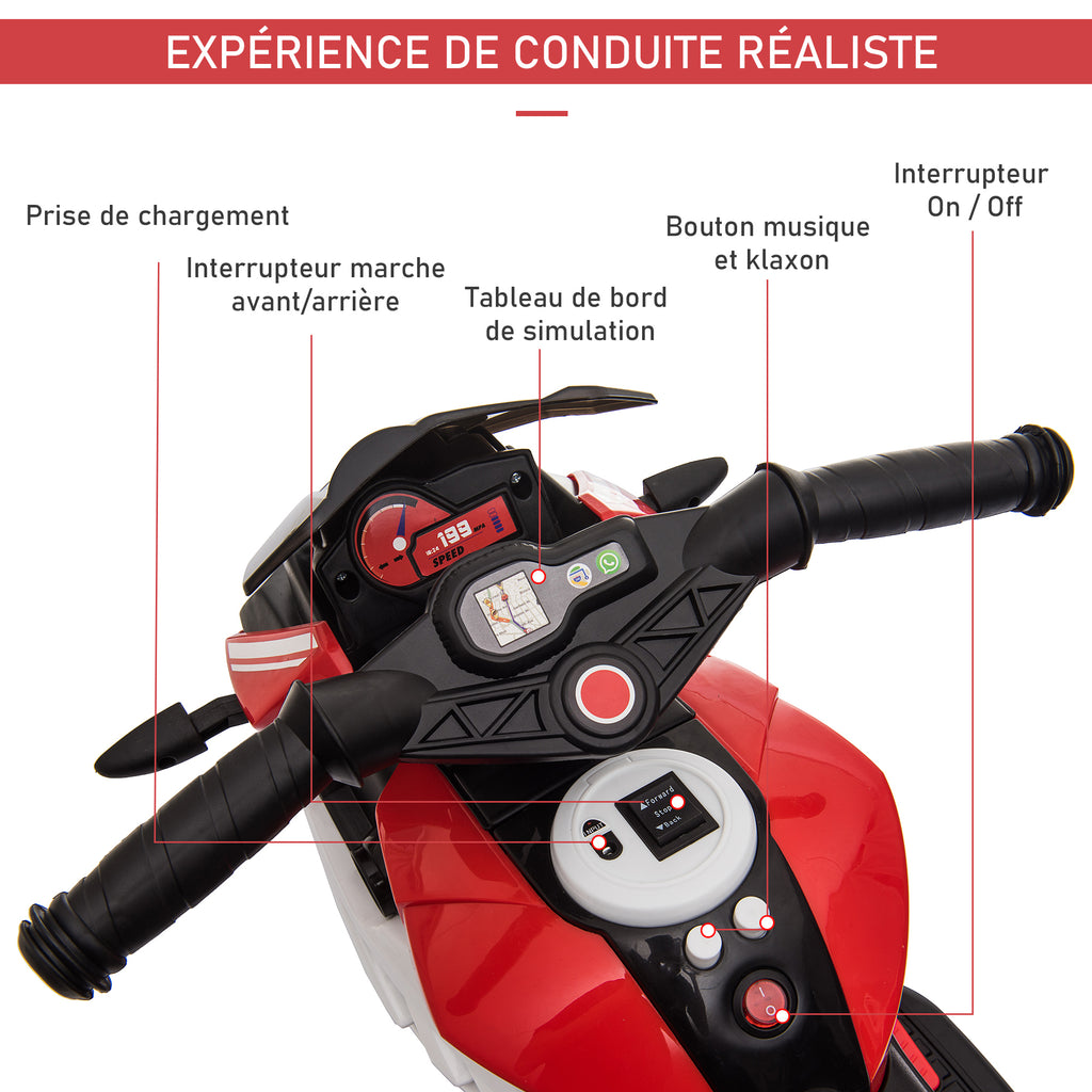 Moto électrique enfants 3 roues 6 V, voiture électrique enfants avec effets lumineux et sonores, vitesse 3 km/h, pour 3 à 5 ans, charge 25 kg, noir et rouge