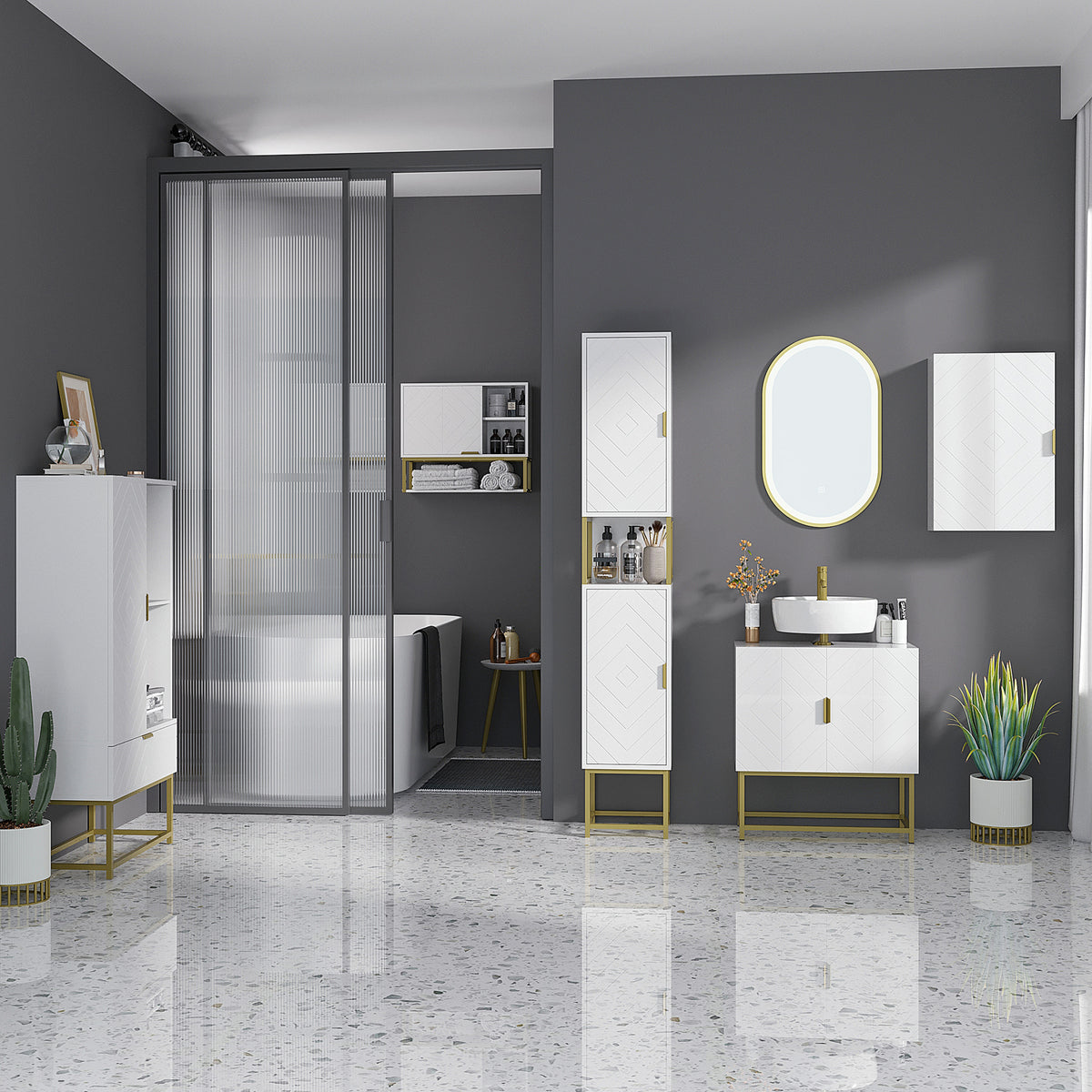 Meuble sous lavabo meuble de salle de bain avec placard double porte pieds en acier doré 60 x 30 x 65 cm blanc-1