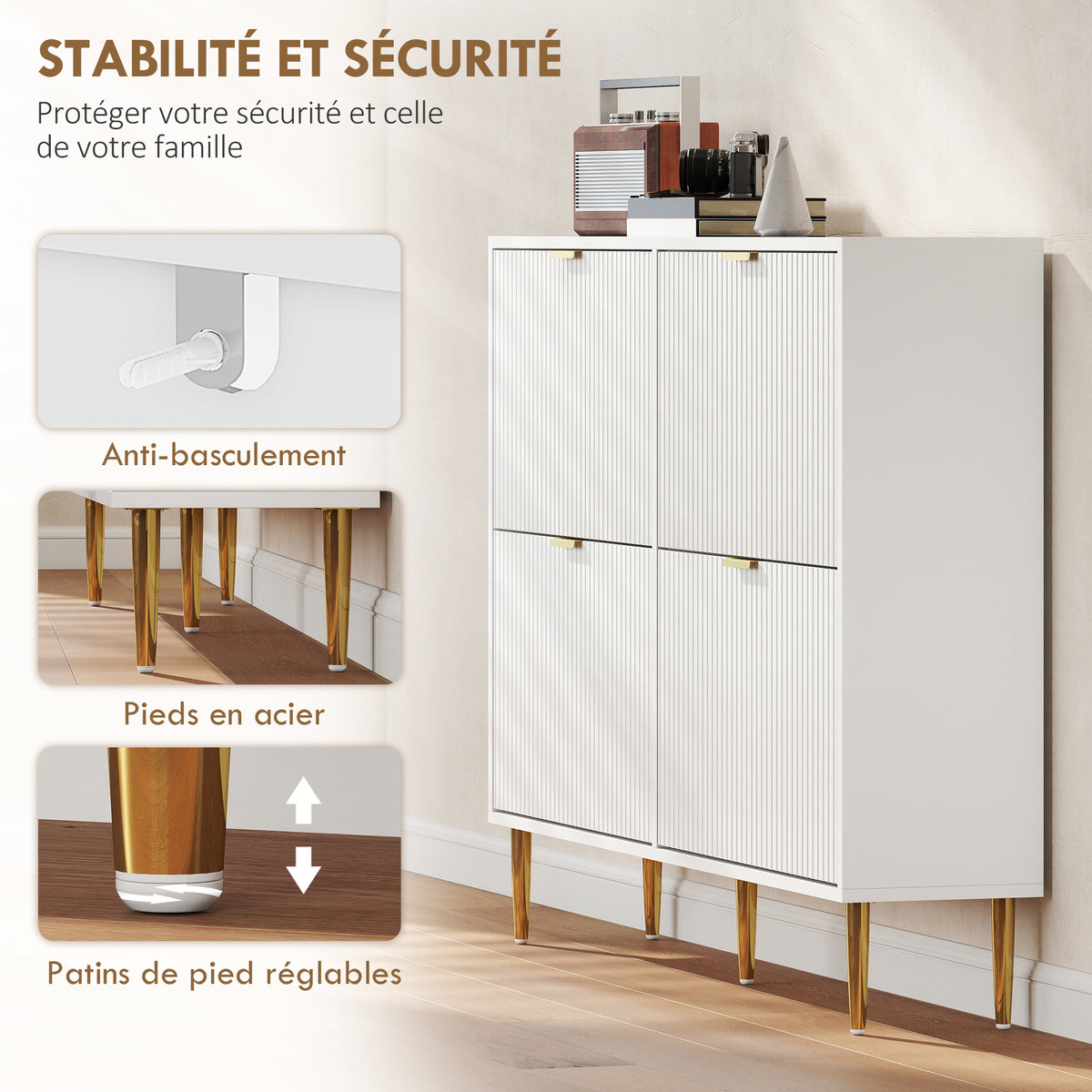 Meuble à chaussures 20 paires avec 4 tiroirs rabattables, portes cannelées et étagères réglables, 105x24x91,5cm, blanc-6