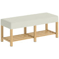 Banc à chaussures, banc de rangement avec siège rembourré, étagère ouverte, bois d'hévéa, 120x44x48cm, bois naturel-0