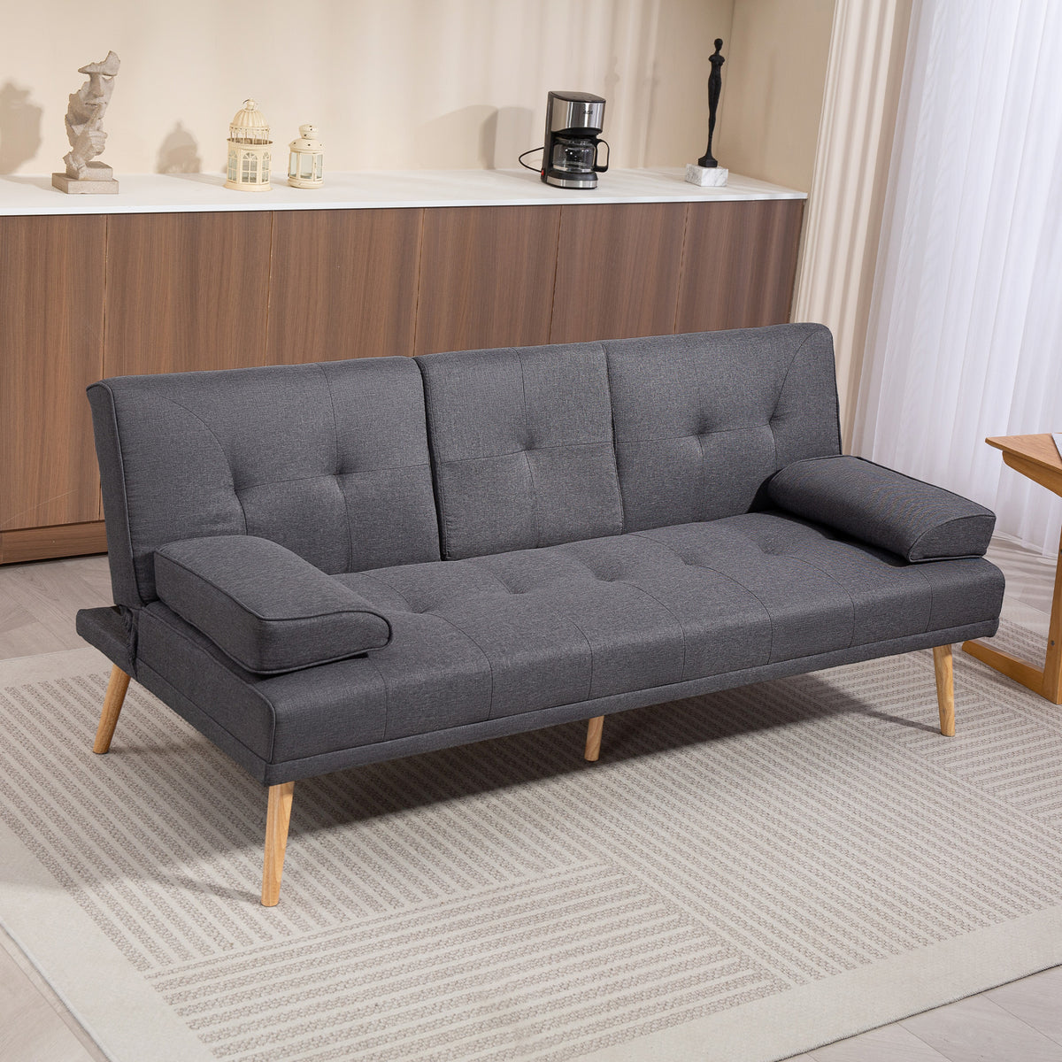 Canapé convertible 3 places, canapé-lit rembourré avec dossier réglable 3 niveaux, 2 coussins et 2 porte-gobelets intégrés, tissu de lin, pour salon, chambre d'amis, petit espace, gris foncé-1