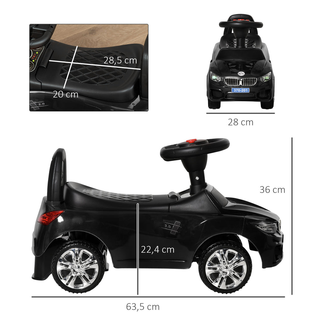Porteur enfants voiture, véhicule à pousser avec coffre à jouets, klaxon, phares et musique, 63,5 x 28 x 36 cm, noir-2