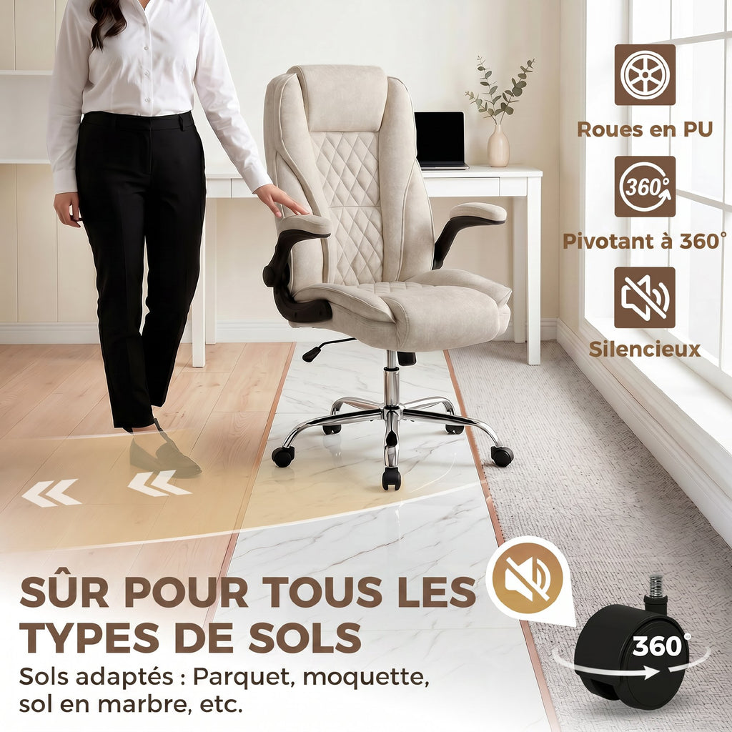 Fauteuil de bureau, chaise bureau ergonomique, hauteur réglable, accoudoirs relevables, 70 x 70 x 114-122 cm, beige-6