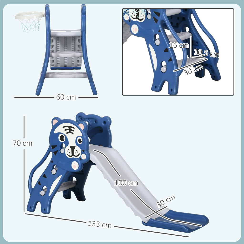 Toboggan pour enfants, toboggan intérieur pour enfants, avec panier de basket, thème tigre, de 18 à 36 mois, bleu-2