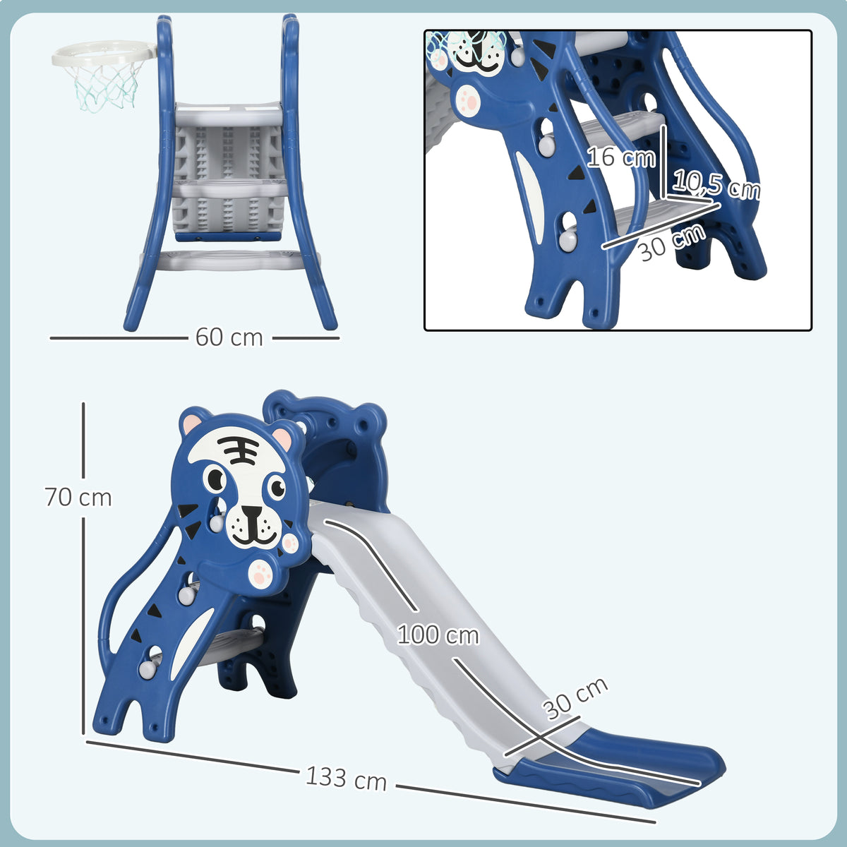 Toboggan pour enfants, toboggan intérieur pour enfants, avec panier de basket, thème tigre, de 18 à 36 mois, bleu-2