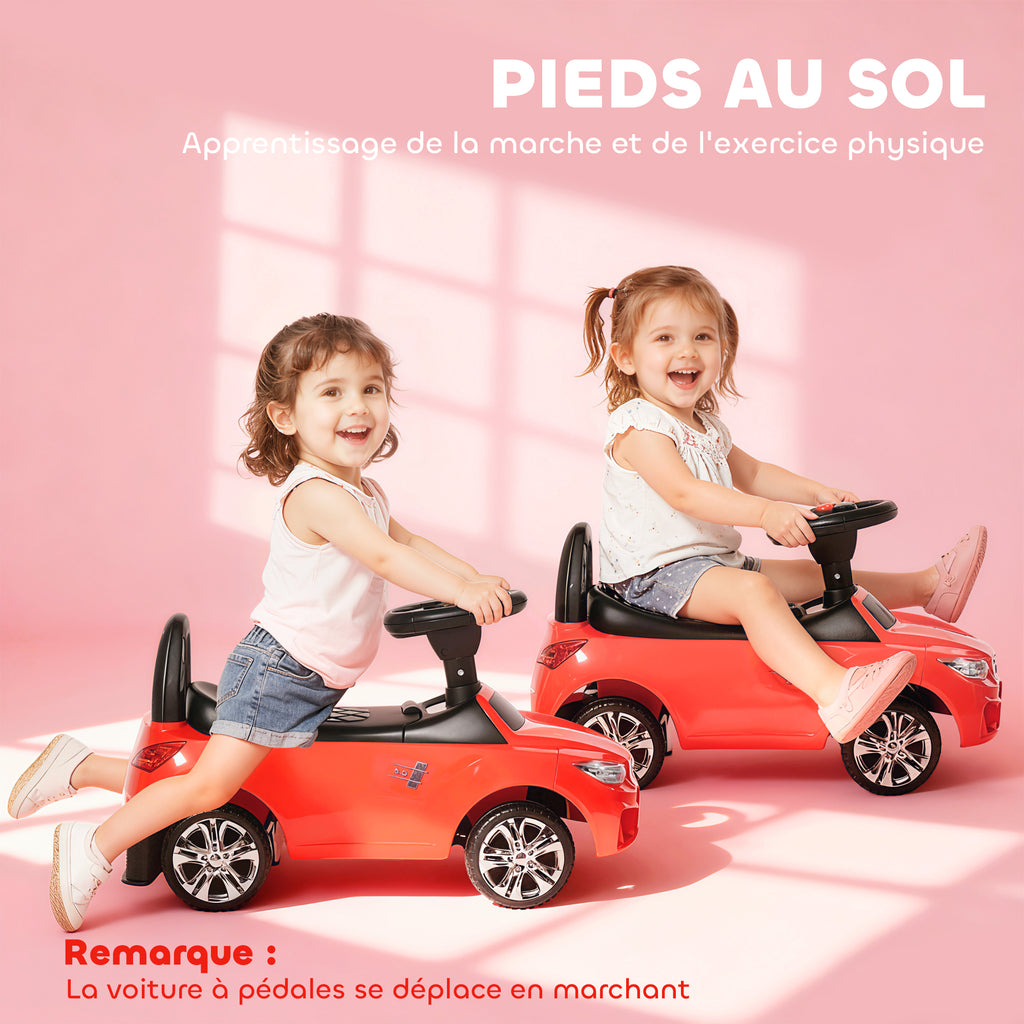 Porteur enfants voiture, véhicule à pousser avec coffre à jouets, klaxon, phares et musique, 63,5 x 28 x 36 cm, rouge