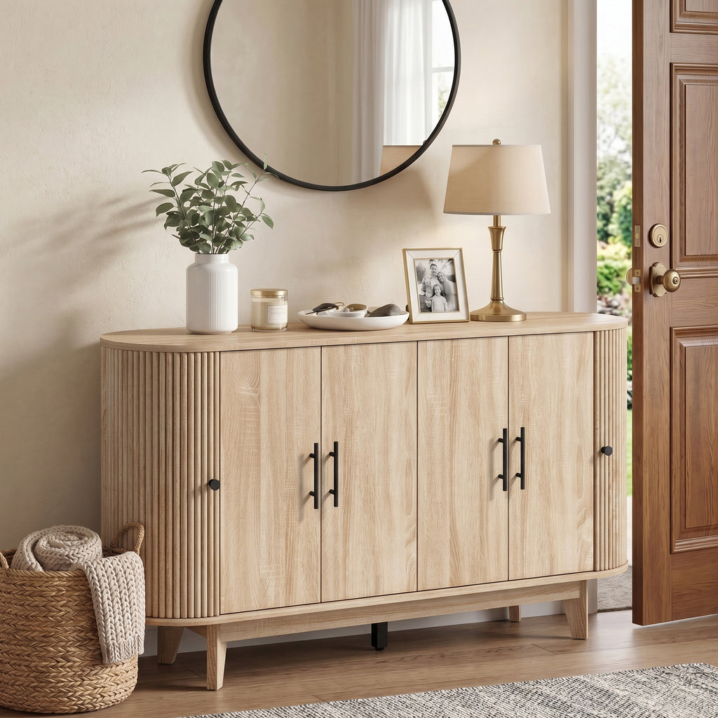 Buffet salon, meuble de rangement ovale avec 6 portes et 2 étagères réglables, 147x40x76cm, chêne-9