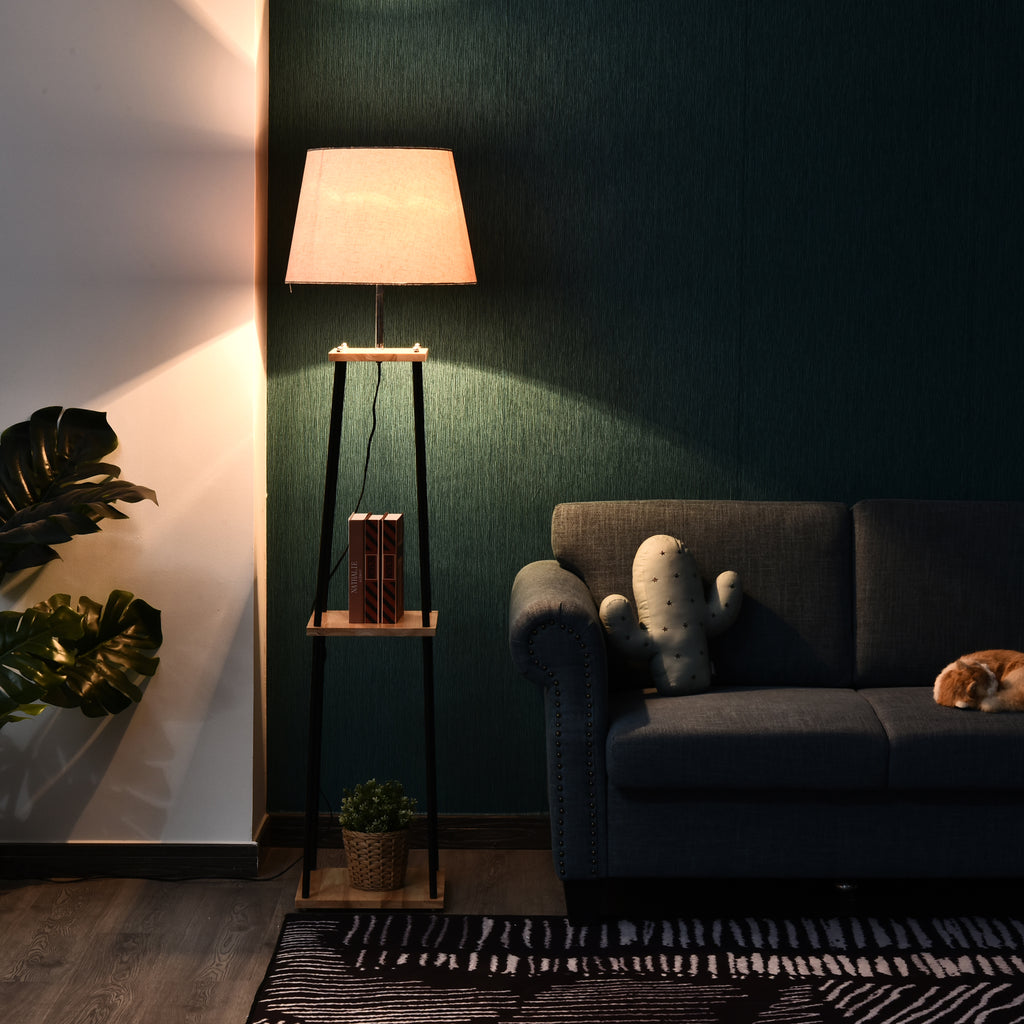 Lampadaire design contemporain dim. 40L x 40l x 160H cm 40 W max. 3 étagères intégrées bois massif pin métal noir lin beige-9