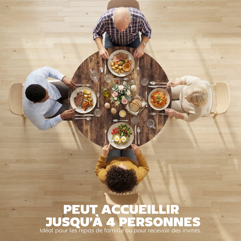 Table à manger ronde pour 4 personnes, Ø 100 x 76 cm, table de cuisine avec large plateau et étagère, brun rustique-3