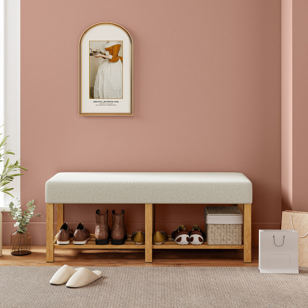 Banc à chaussures, banc de rangement avec siège rembourré, étagère ouverte, bois d'hévéa, 120x44x48cm, bois naturel-6
