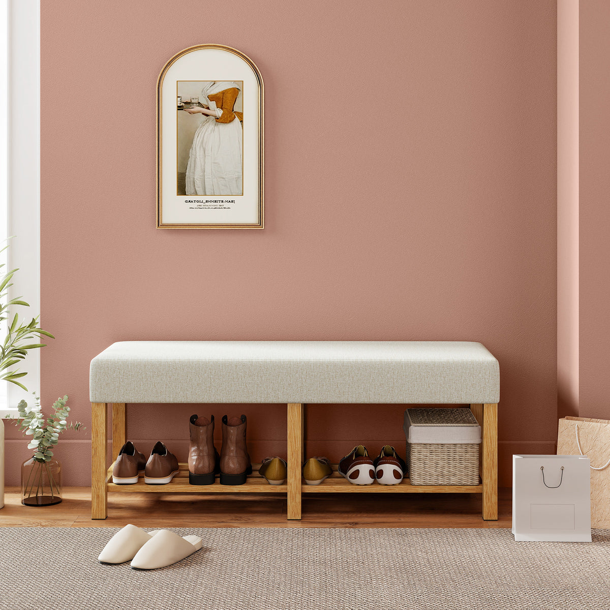 Banc à chaussures, banc de rangement avec siège rembourré, étagère ouverte, bois d'hévéa, 120x44x48cm, bois naturel-6