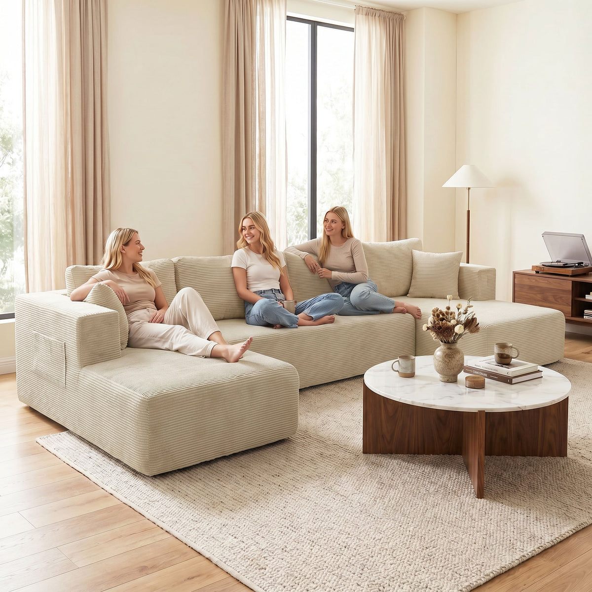 Canapé Modulaire en U Compressé 337 cm, Canapé Convertible 4 places en Velours Côtelé, Assise Large, Crème