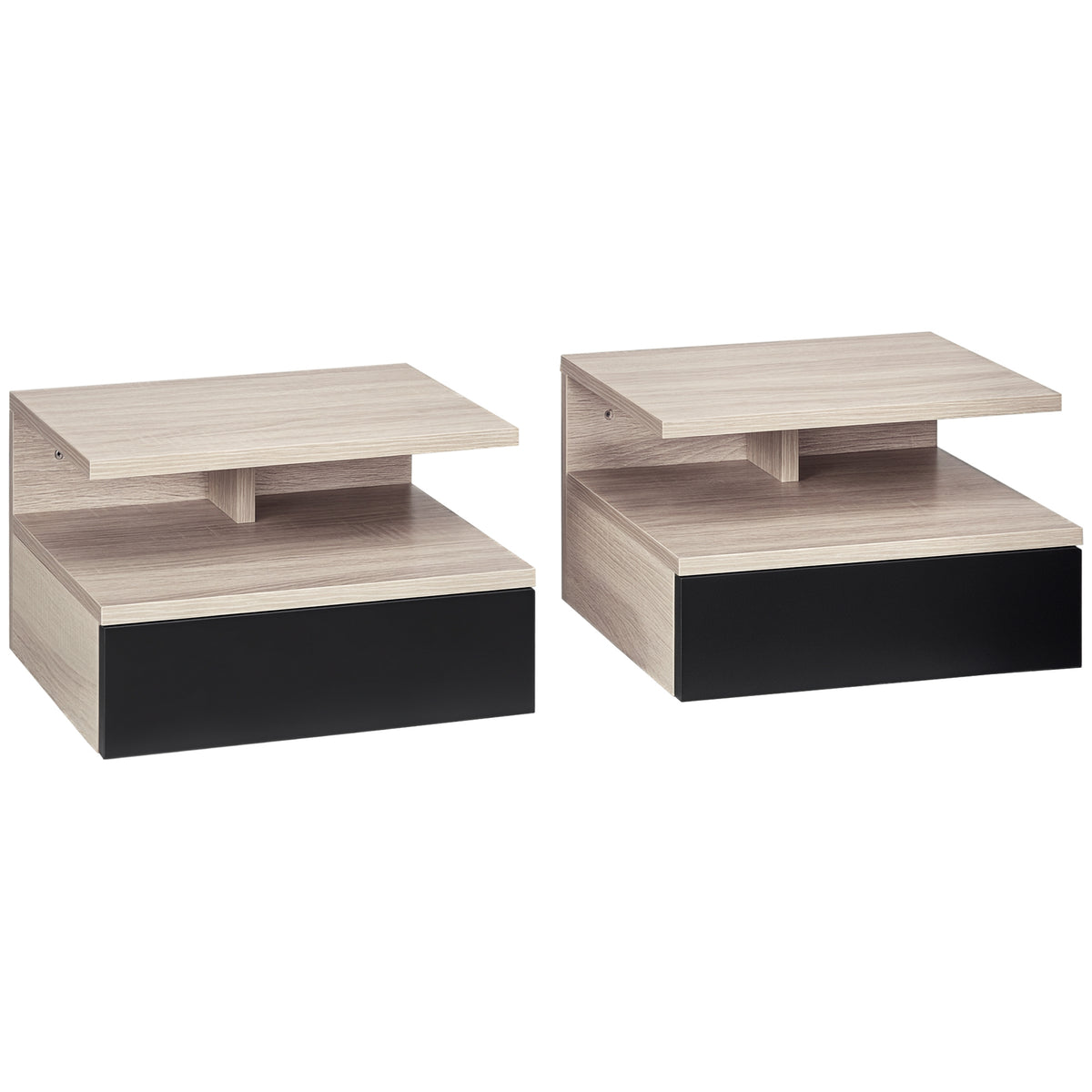 Lot de 2 Tables de Chevet murales - Lot de 2 Tables de Nuit - tiroir Coulissant, Niche, Plateau - Noir Chêne-0