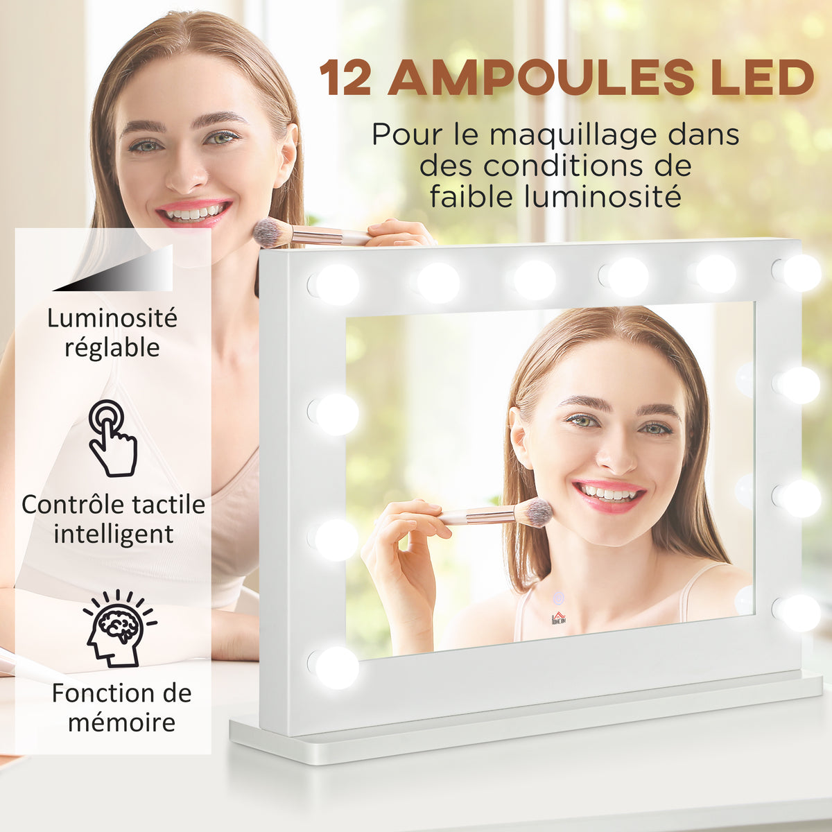 Miroir maquillage Hollywood lumineux 12 LED tactile - luminosité réglable, fonction mémoire - métal MDF blanc verre-3
