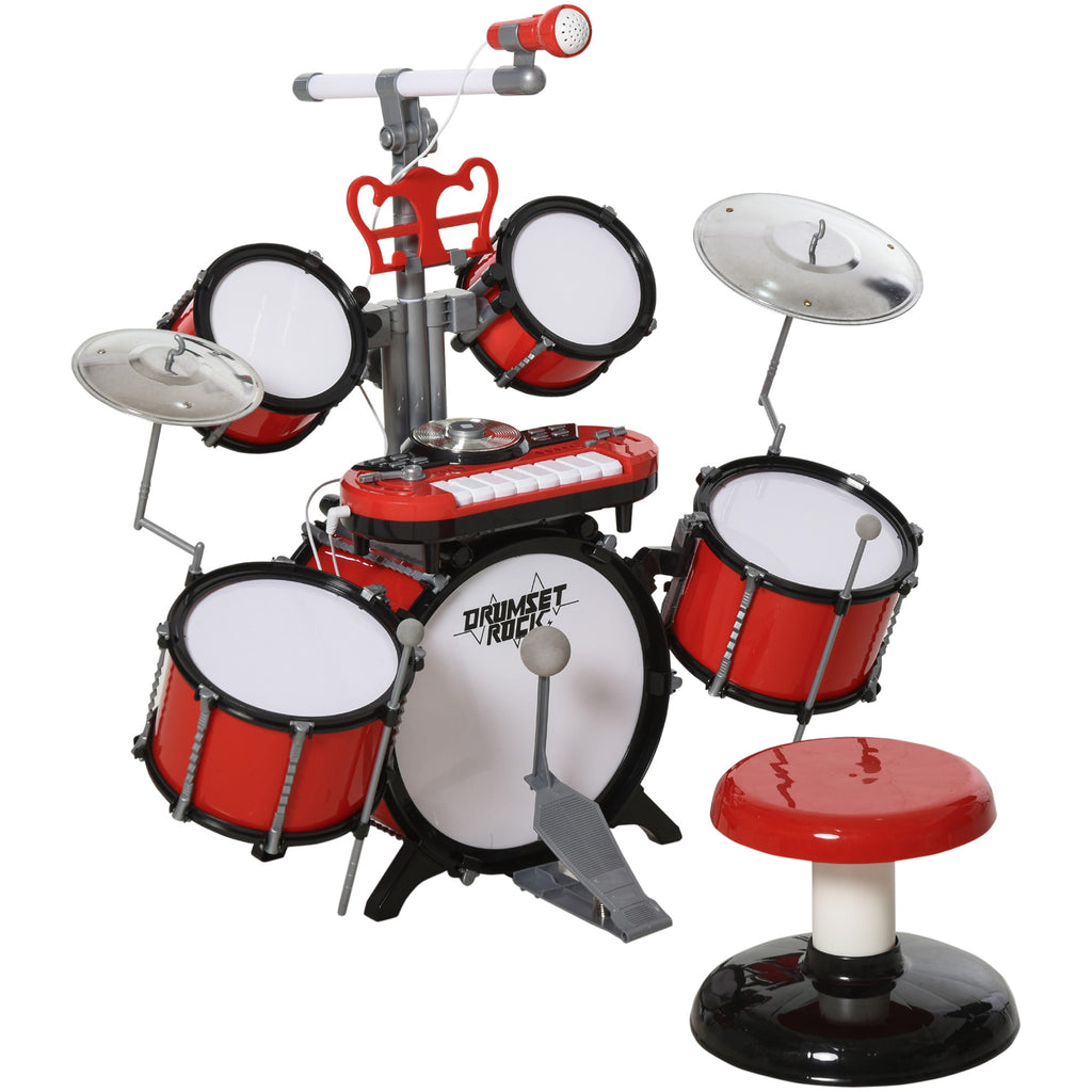 Kit de Batterie pour Enfants avec Tabouret, Clavier Électronique, Microphone, Connecté via USB, 77,5x40x76,5cm, Rouge
