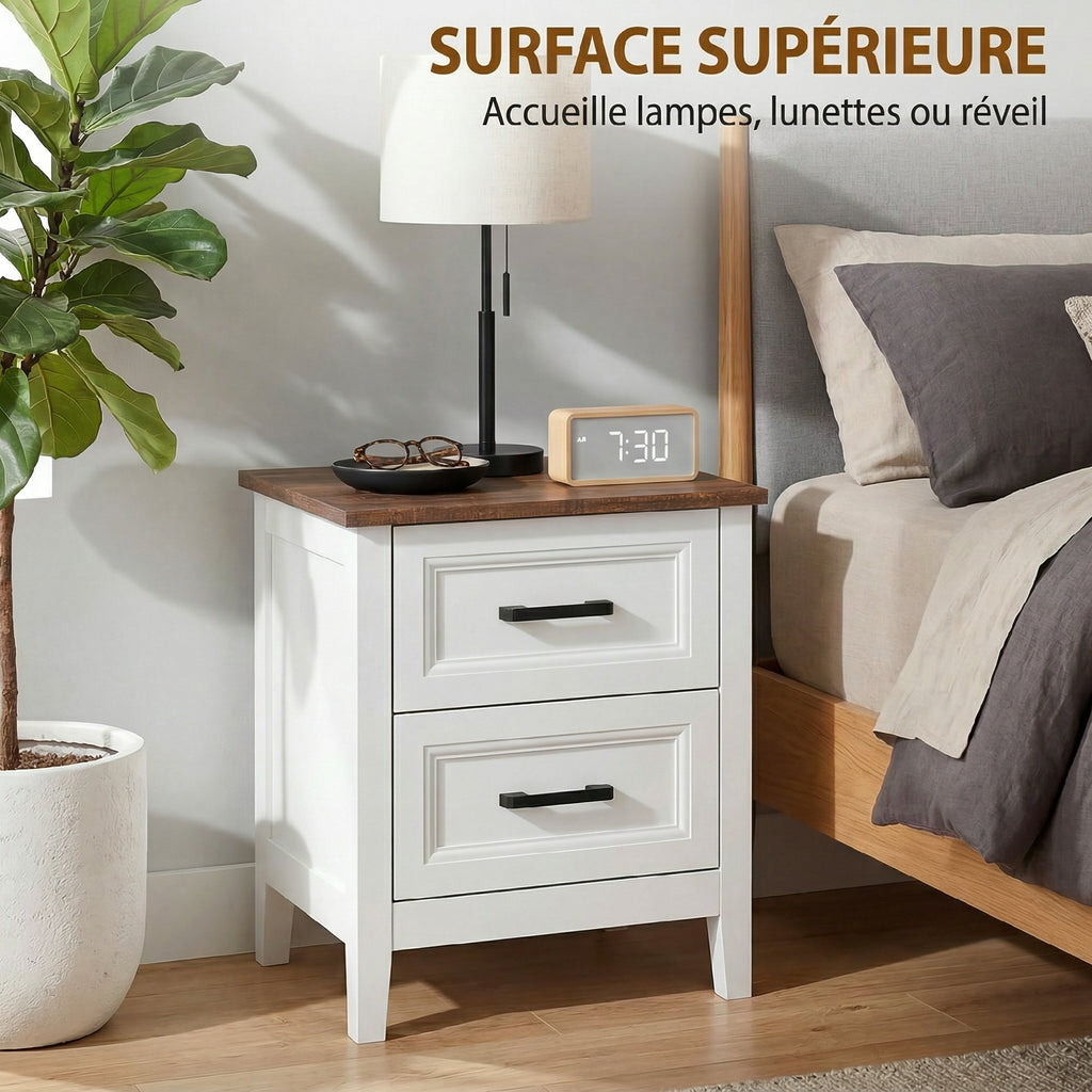 Table de chevet, table de nuit avec 2 tiroirs, plateau effet bois, style rustique, pour chambre à coucher, salon, blanc-4