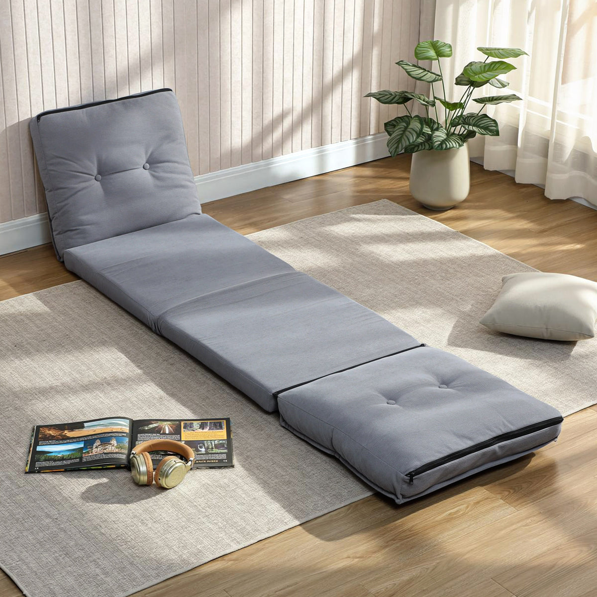 Fauteuil de sol pliable en velours côtelé, matelas de sol avec dossier réglable en 5 positions, 59 x 230 x 15 cm, gris-9