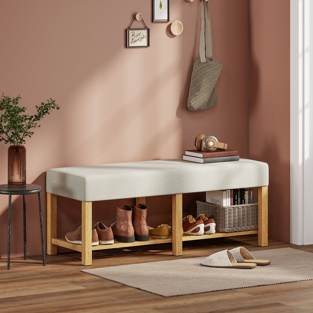 Banc à chaussures, banc de rangement avec siège rembourré, étagère ouverte, bois d'hévéa, 120x44x48cm, bois naturel-1