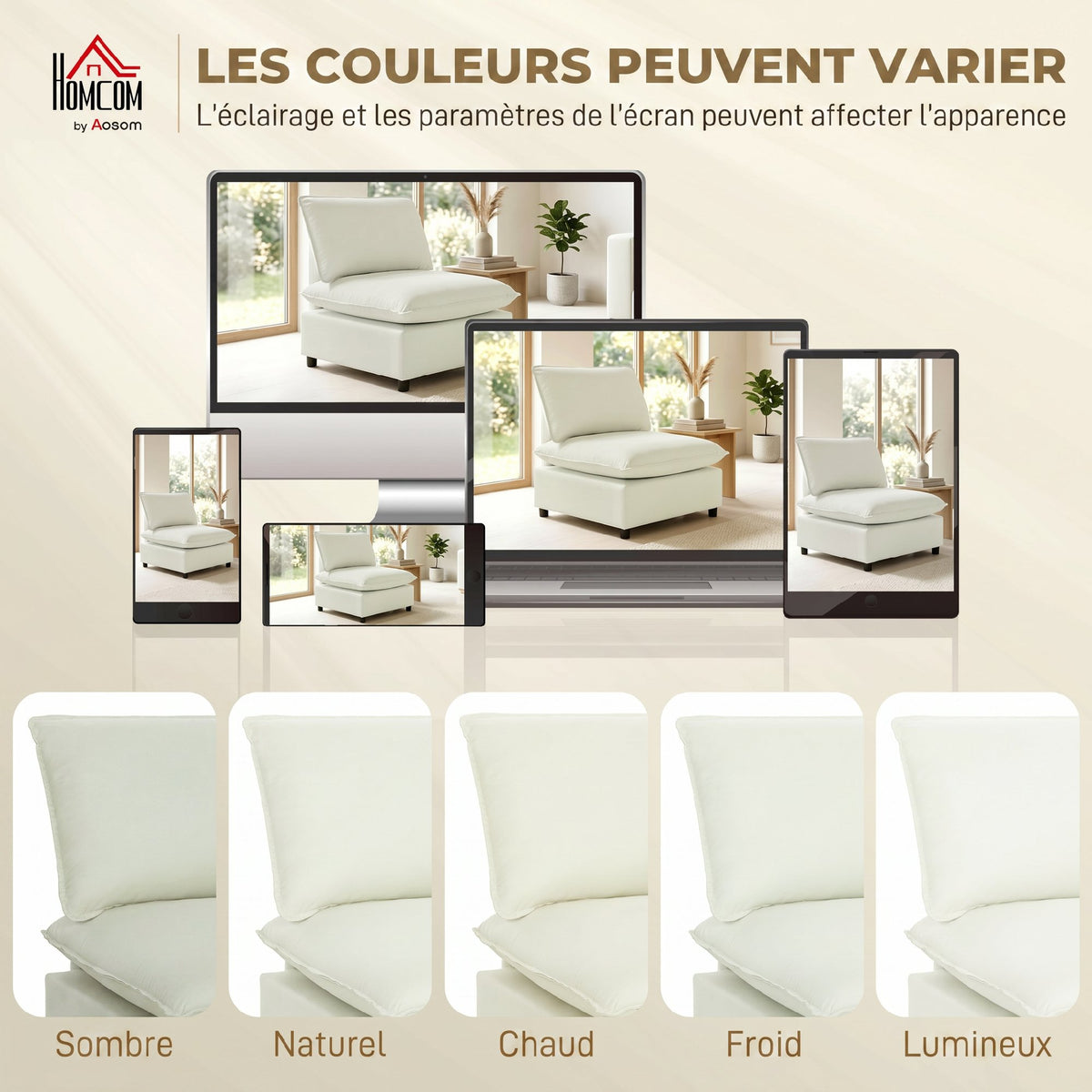 Fauteuil de salon, canapé 1 place moderne sans accoudoirs avec assise large, coussins épais, 146x85x78cm, crème