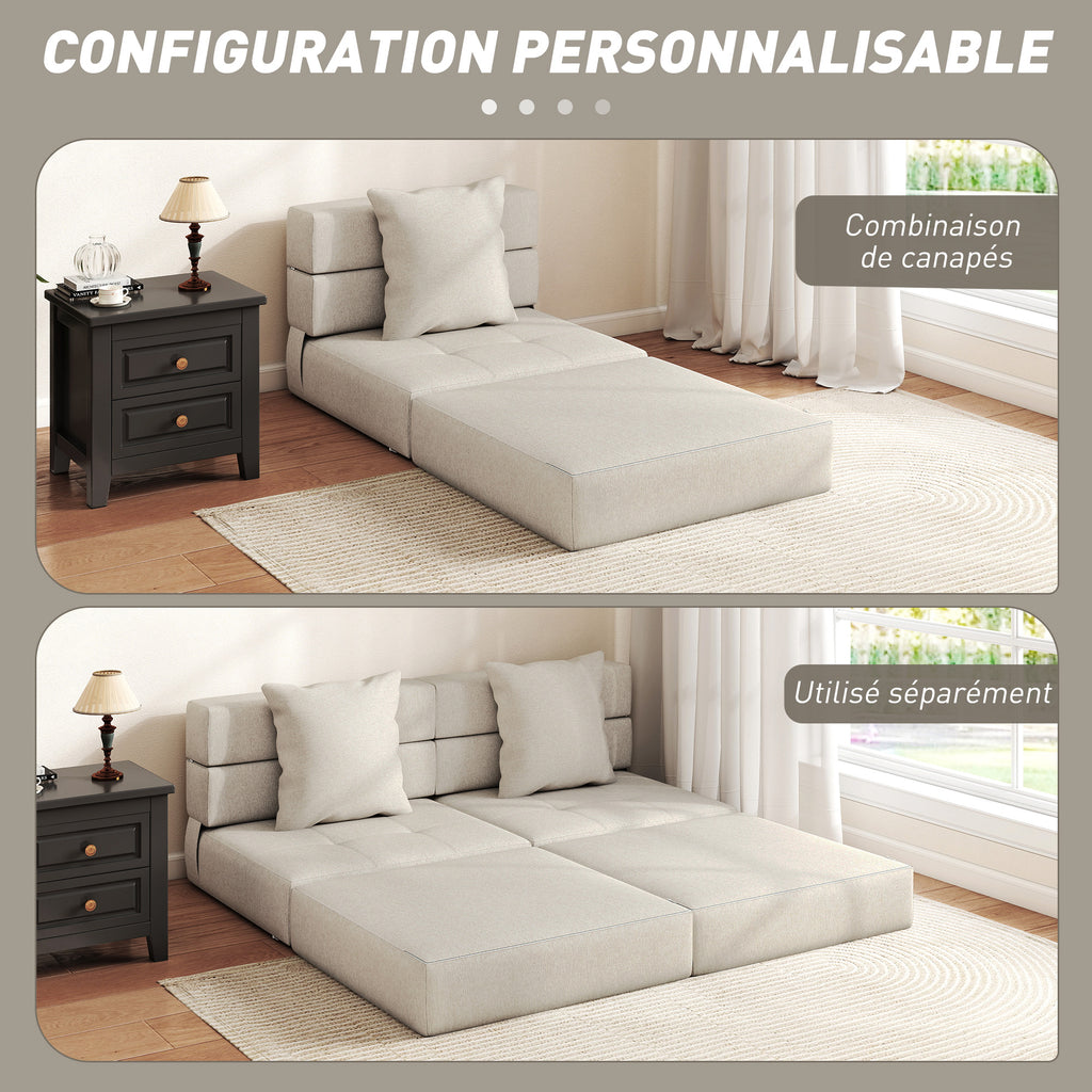 Chauffeuse canapé-lit convertible fauteuil 1 place avec 1 coussin déhoussable, tissu beige