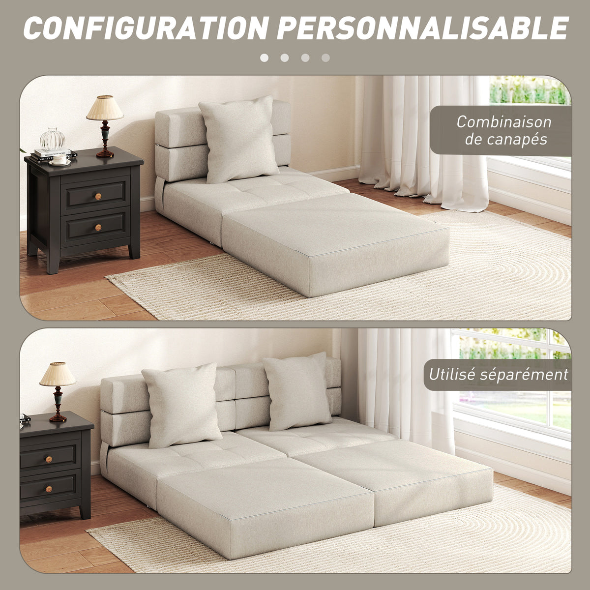 Chauffeuse canapé-lit convertible fauteuil 1 place avec 1 coussin déhoussable, tissu beige