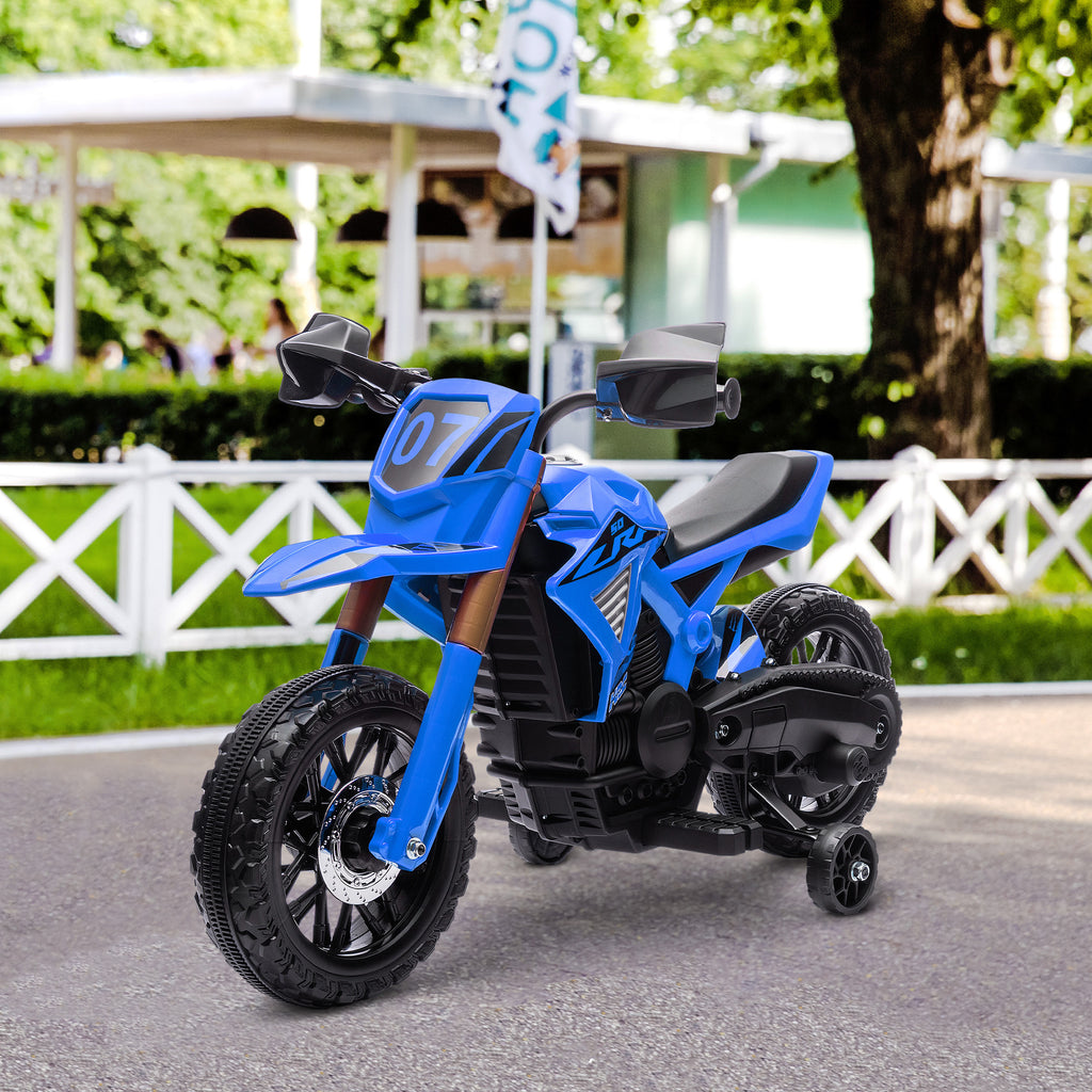 Moto cross électrique pour enfants 3-8 ans, batterie 6 V, 2 moteurs, klaxon et roues d'entraînement, charge 30KG, bleu