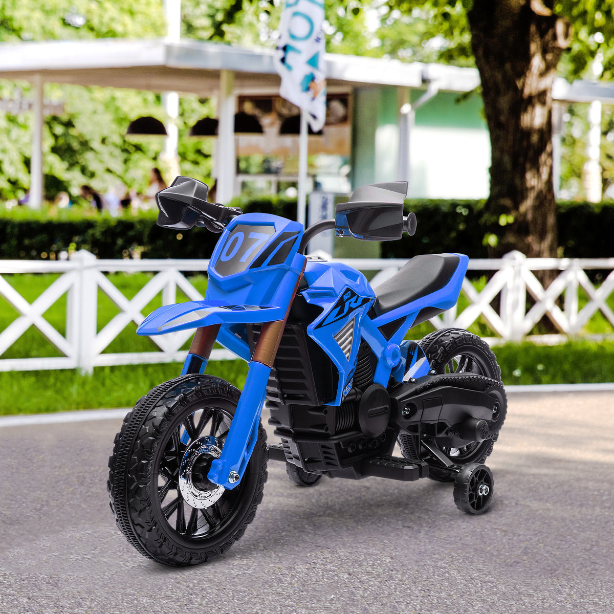 Moto cross électrique pour enfants 3-8 ans, batterie 6 V, 2 moteurs, klaxon et roues d'entraînement, charge 30KG, bleu