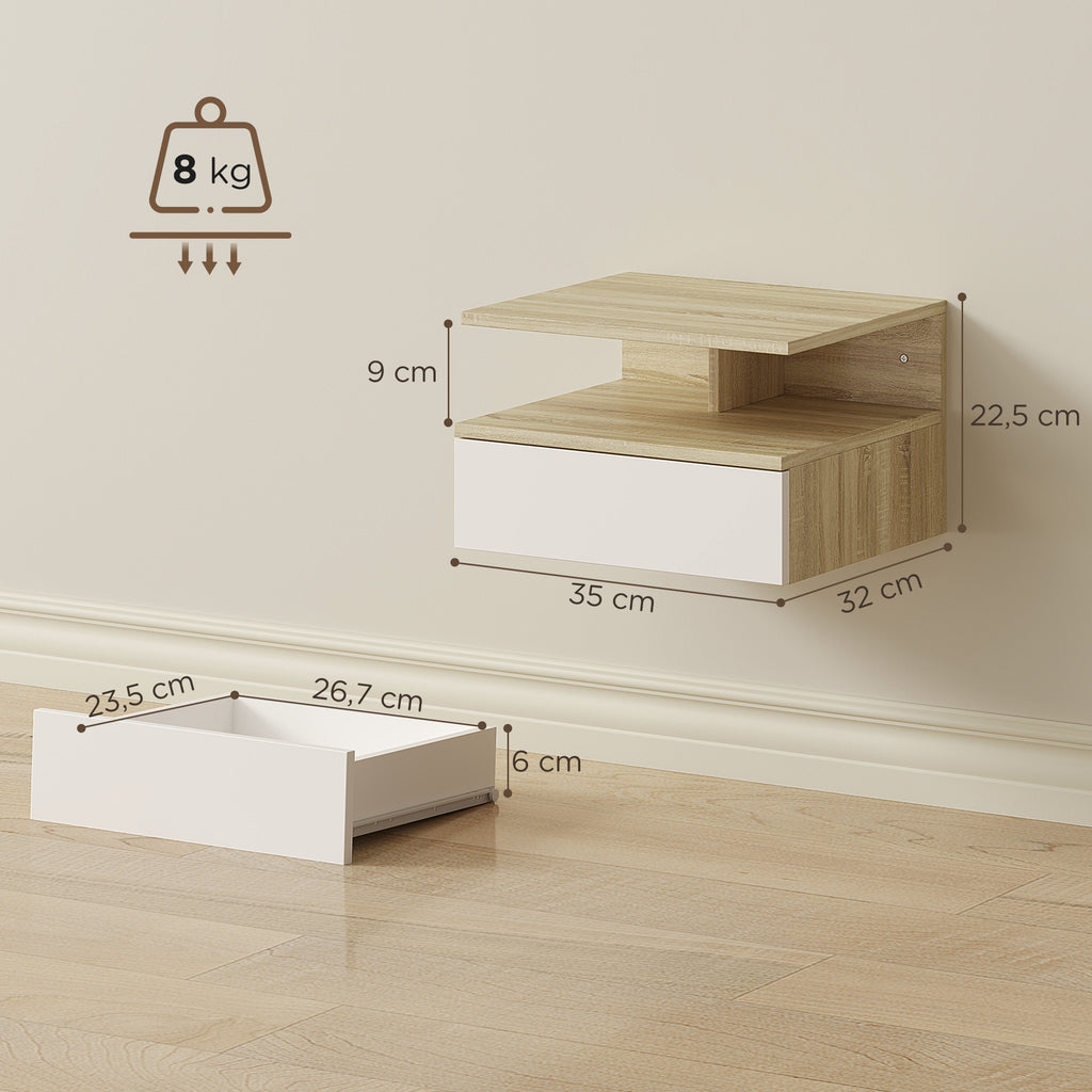 Lot de 2 tables de chevet murales, tables de nuit suspendues avec tiroir, étagère ouverte, 35x32x22,5cm, blanc et chêne-2